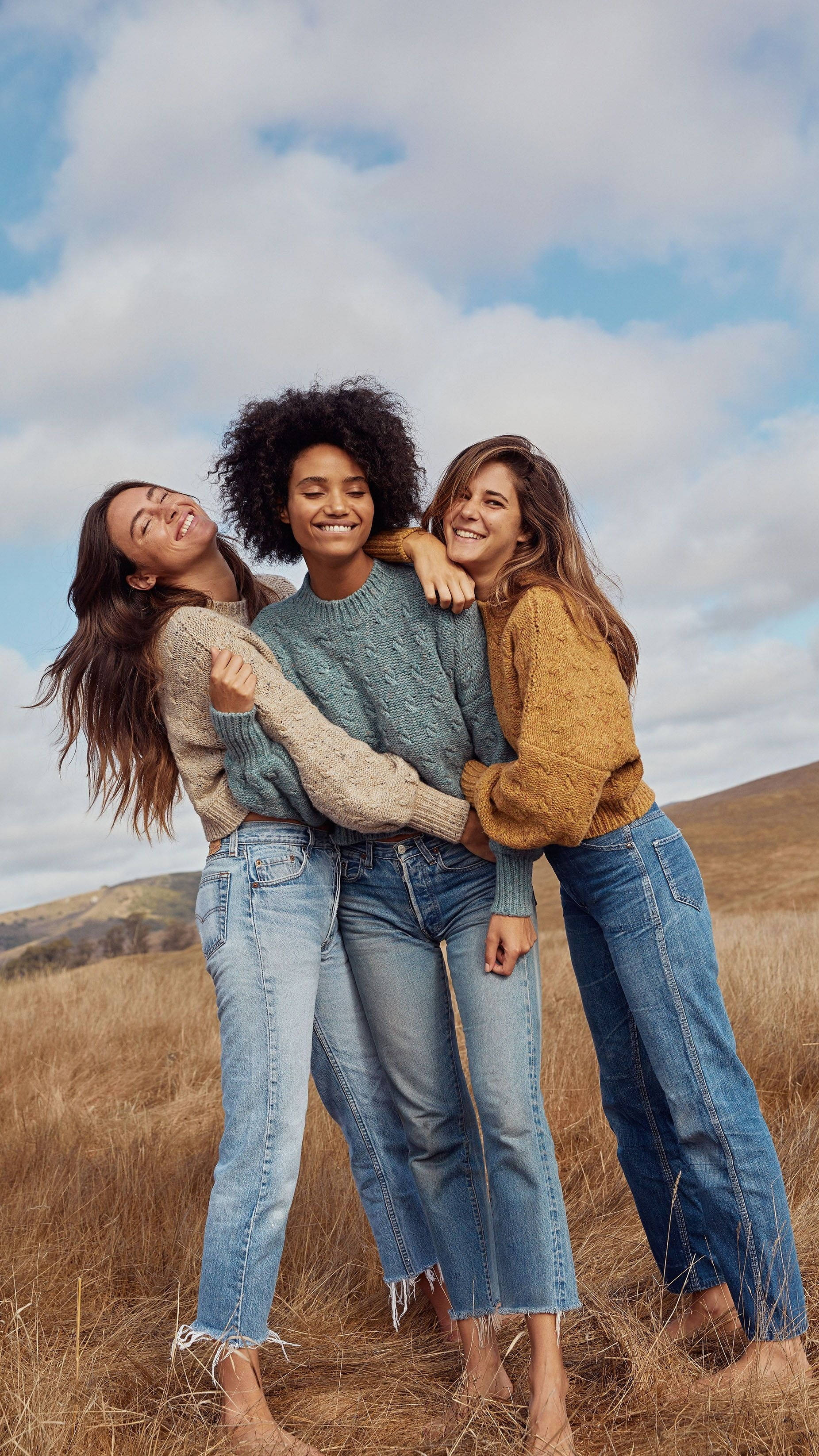 3 Best Friends, golden grassy field, partly cloudy sky, 2K Phone Wallpaper