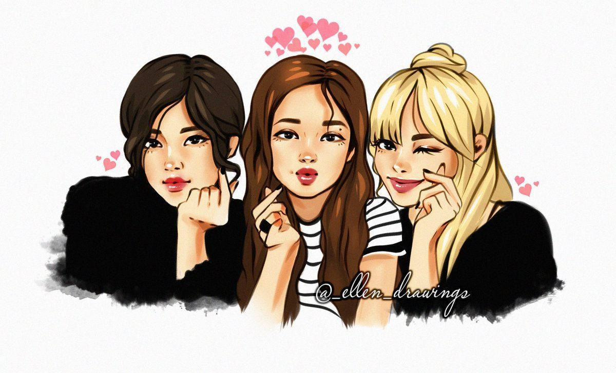 3 Best Friends, digital drawing, three illustrated girls, SD Desktop Wallpaper