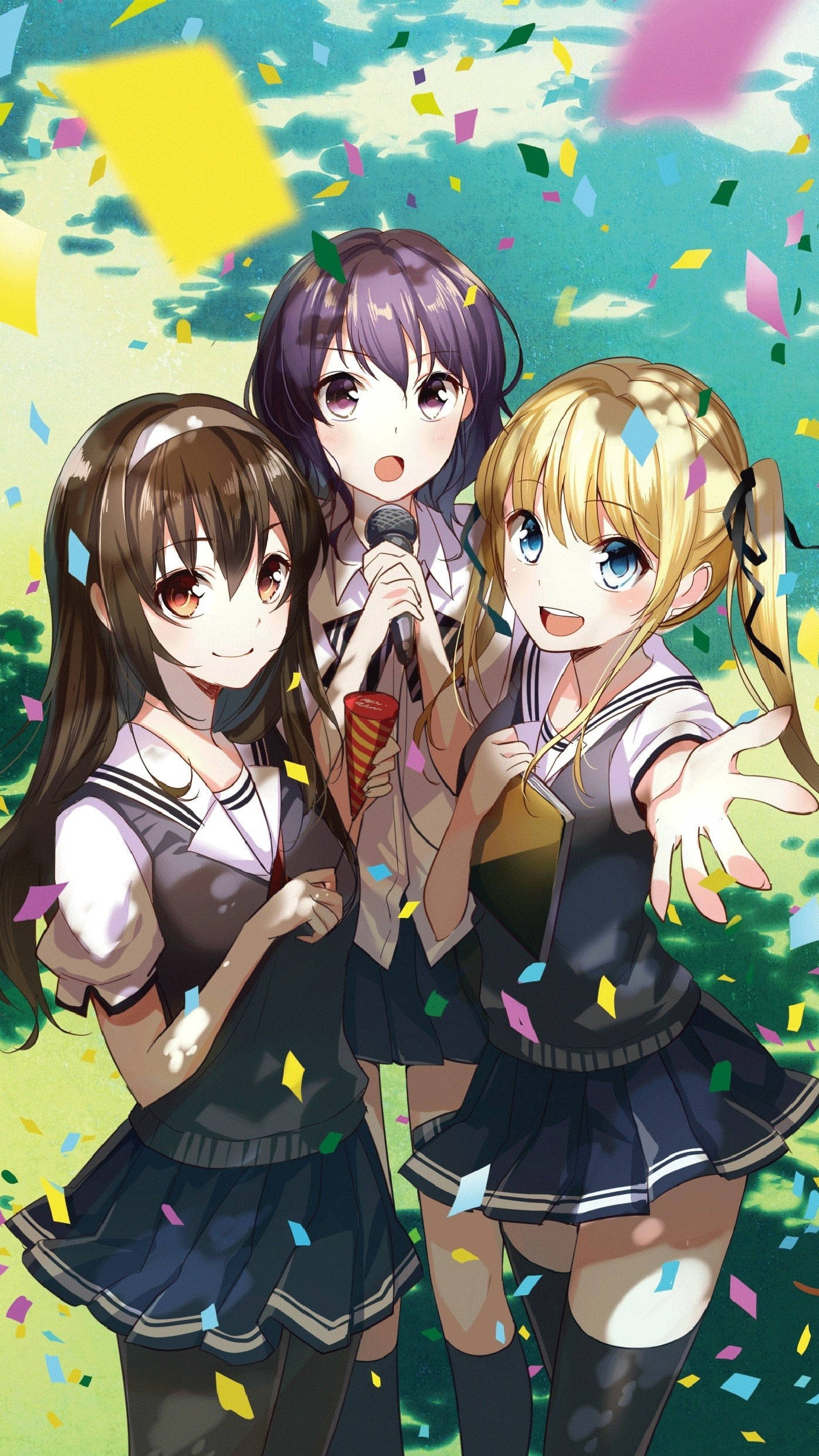 anime girls, school uniforms, confetti, Full HD Phone Wallpaper