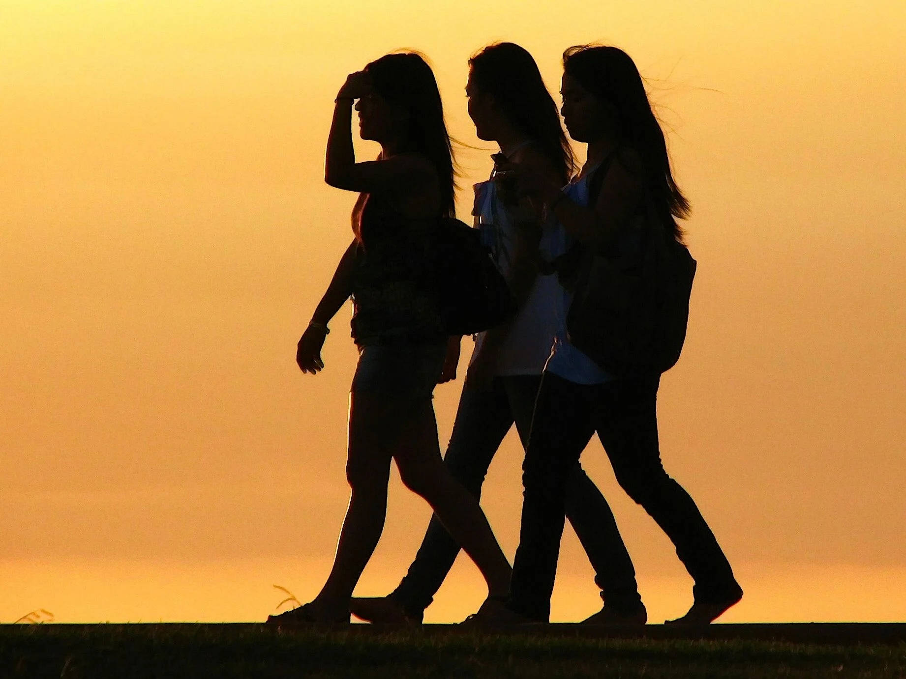 3 Female Best Friends, silhouetted women, grassy field, HD Desktop Wallpaper