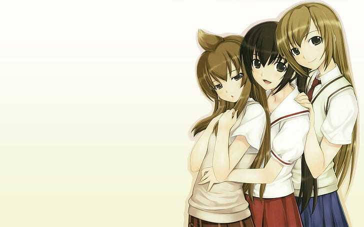 3 Girl Anime Best Friends, school uniforms, soft gradient background, SD Desktop Wallpaper