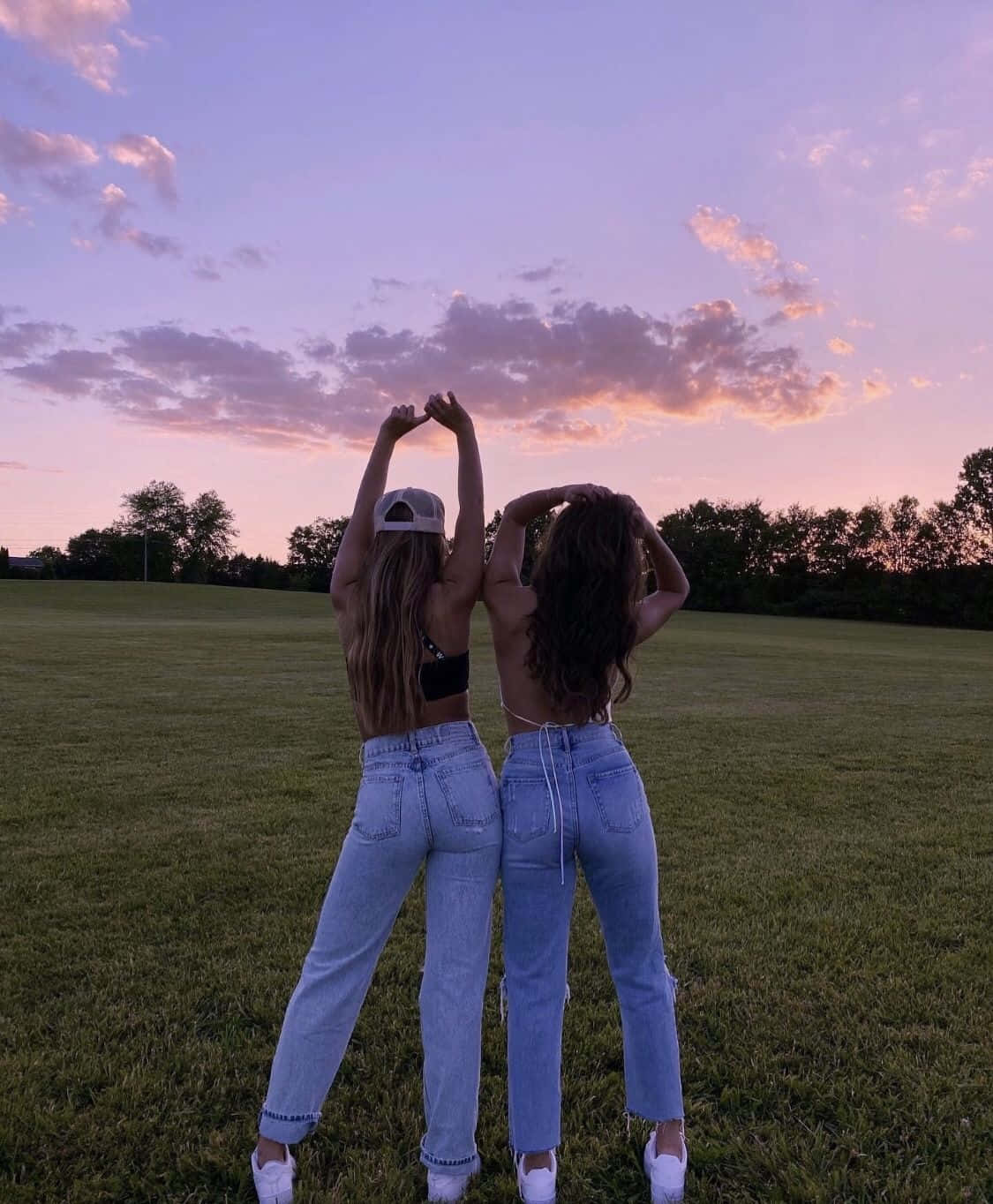 purple pink sunset sky, jeans, grass, HD Phone Wallpaper