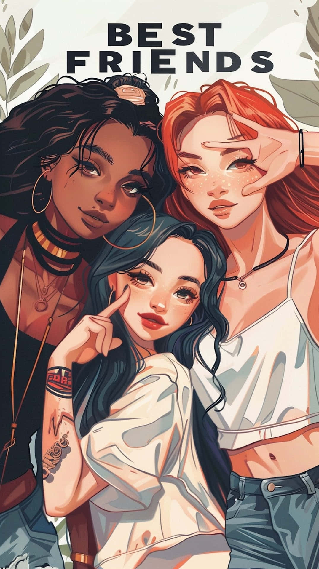 Best Friends, anime-style girls, leafy background, Full HD Phone Wallpaper