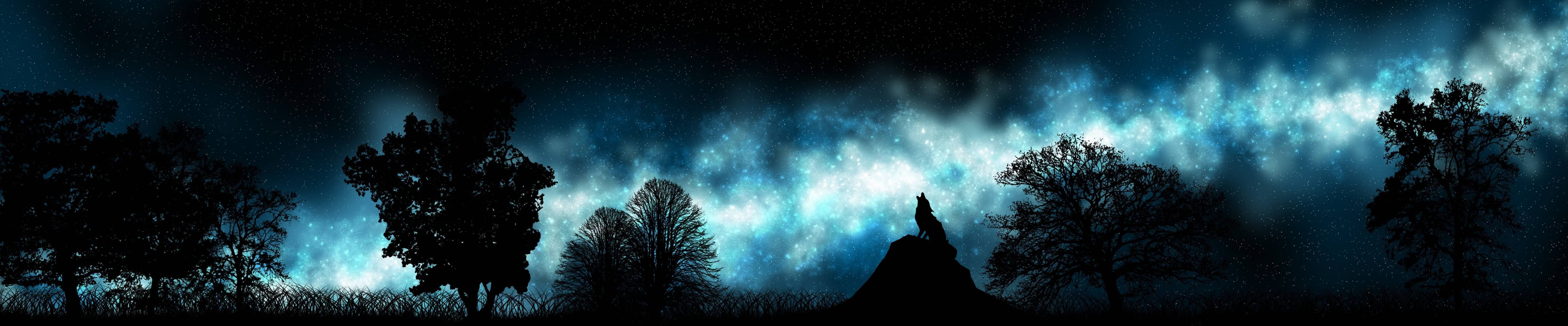 3 Monitor, Dark Forest, cosmic sky, 5K Desktop Wallpaper