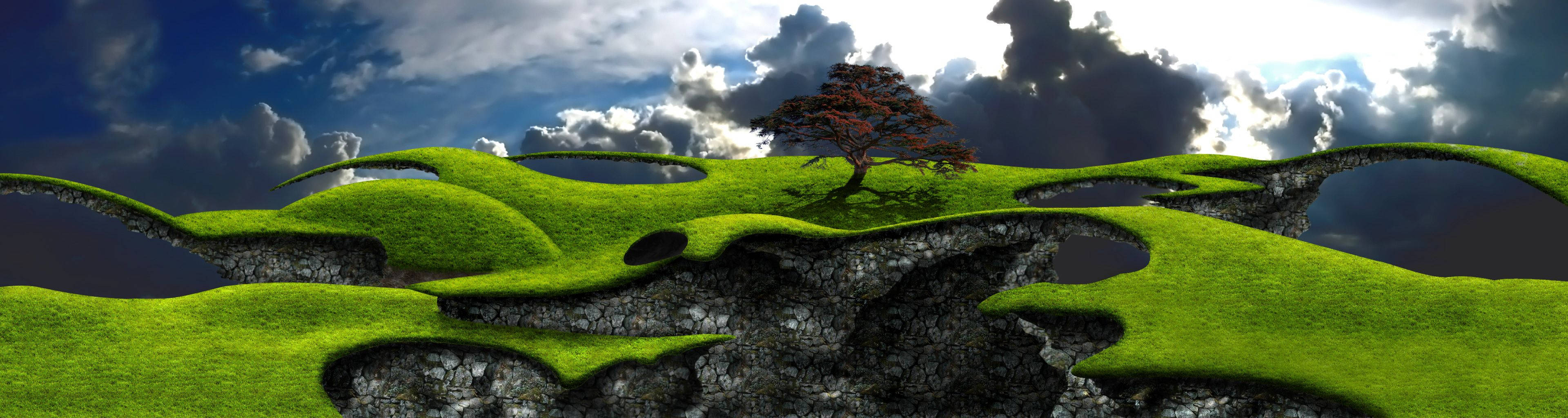 3 Monitor, green landscape, surreal floating green hills, 4K Desktop Wallpaper