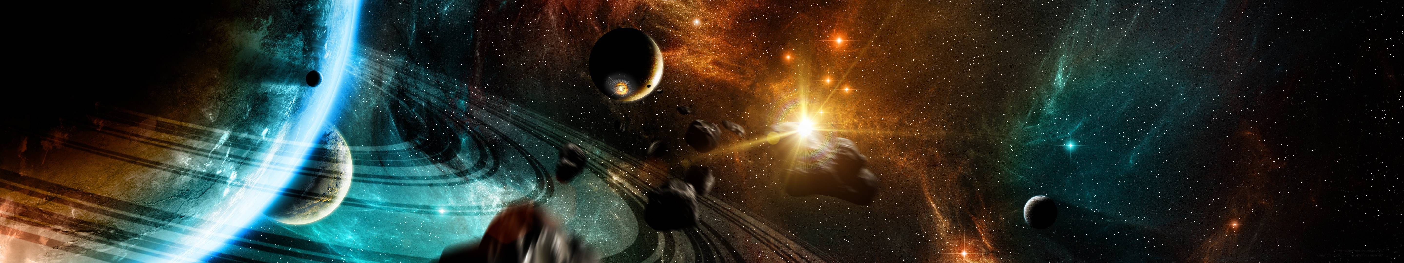 3 Monitor, ringed planet, glowing nebulae, 5K Desktop Wallpaper