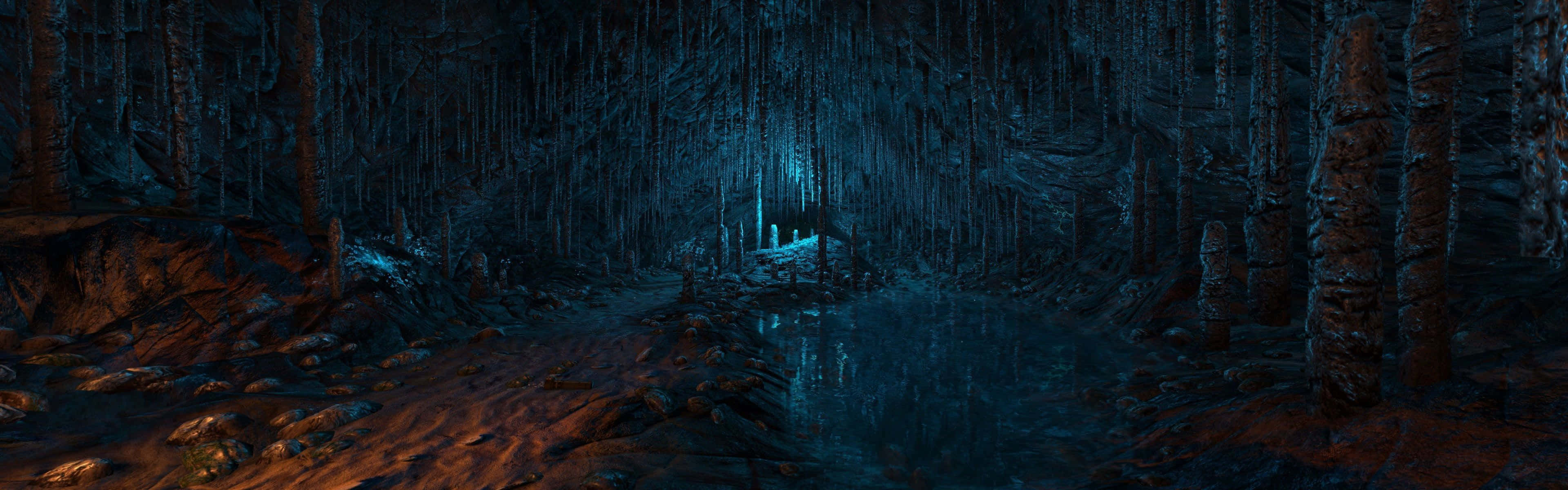 Gloomy Forest, blue glow, dense trees, 4K Desktop Wallpaper