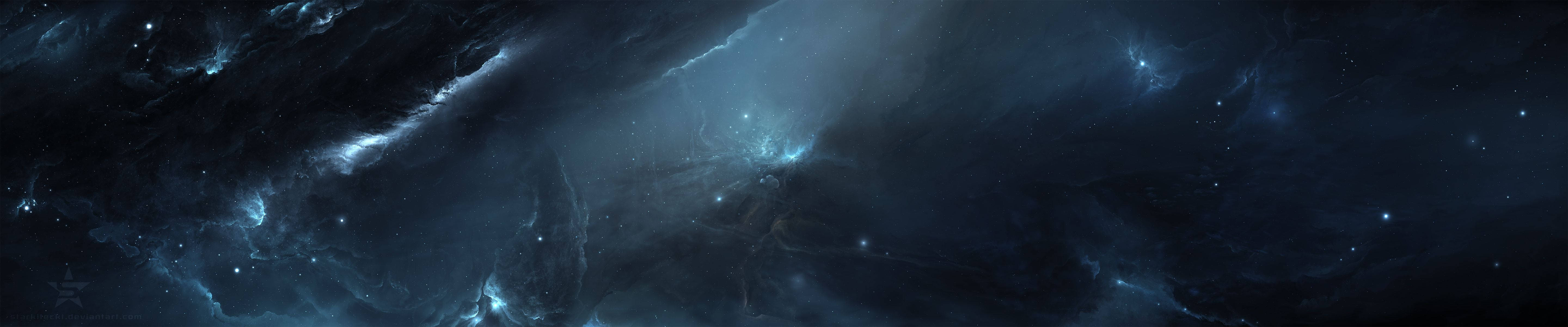 triple monitor, starry, cosmic nebula, 5K Desktop Wallpaper