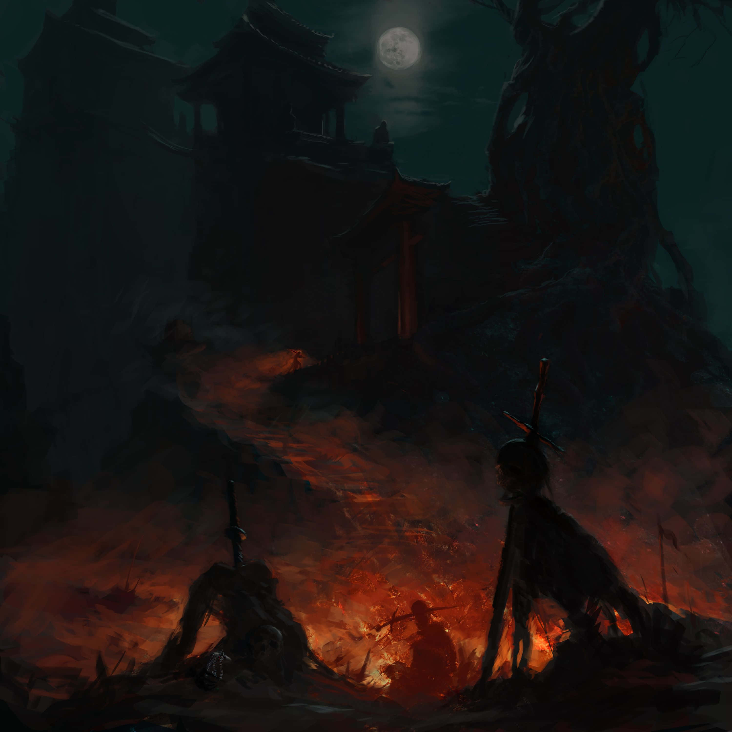 3000x3000, full moon, burning battlefield, 2K Desktop Wallpaper