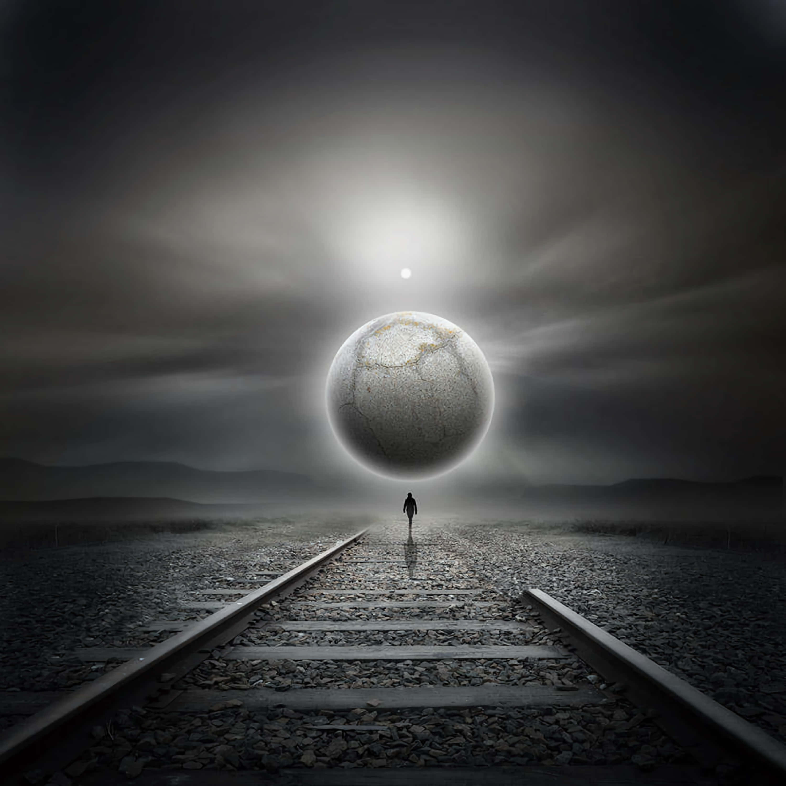 3000x3000, lone figure, desolate railway track, 2K Desktop Wallpaper