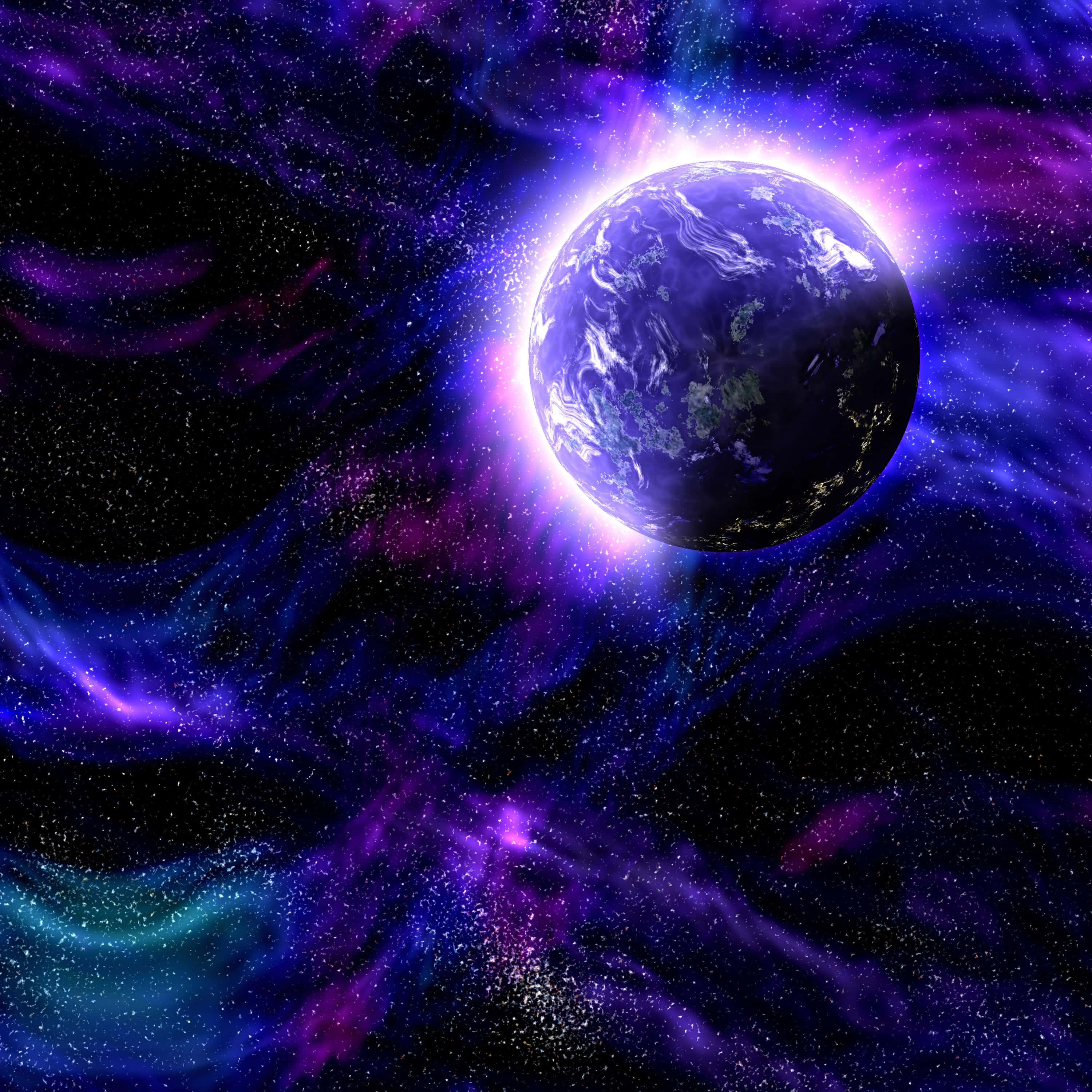 3000x3000, glowing planet, vibrant purple and blue cosmic nebulae, 2K Desktop Wallpaper