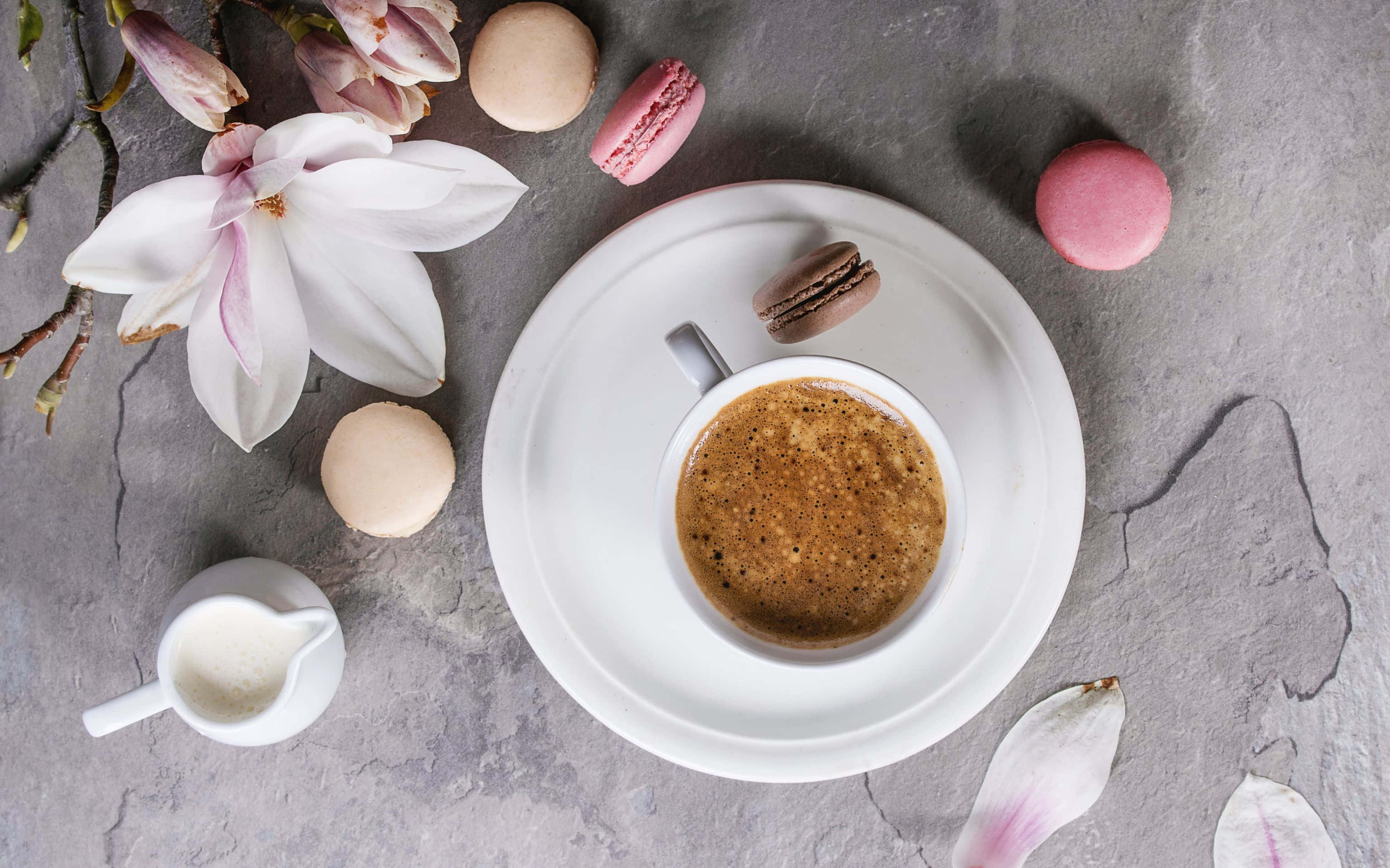 3072x1920, steaming espresso cup, macarons, 2K Desktop Wallpaper