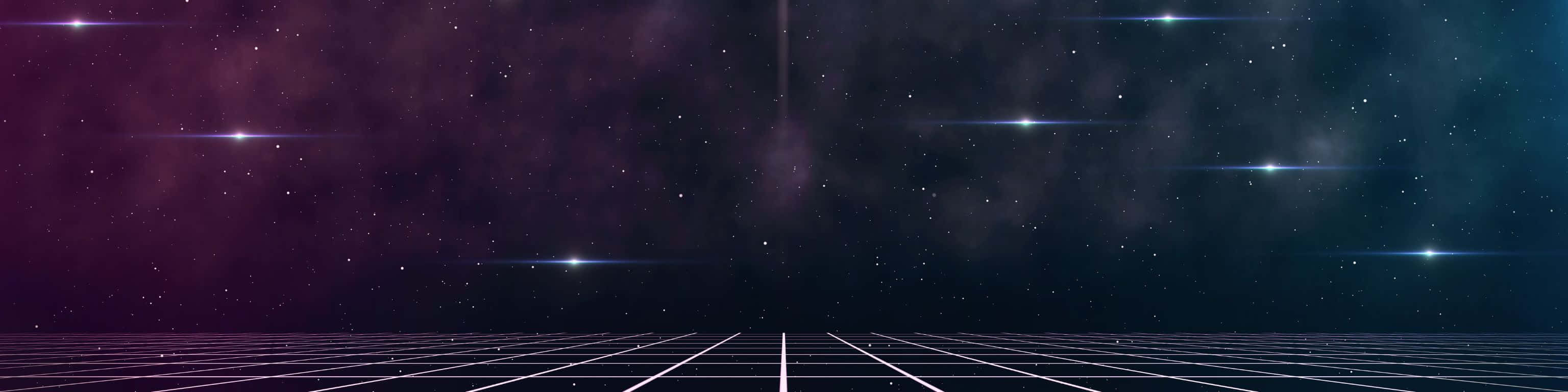 3072x768, retrofuturistic grid floor, starry cosmic sky, 2K Desktop Wallpaper