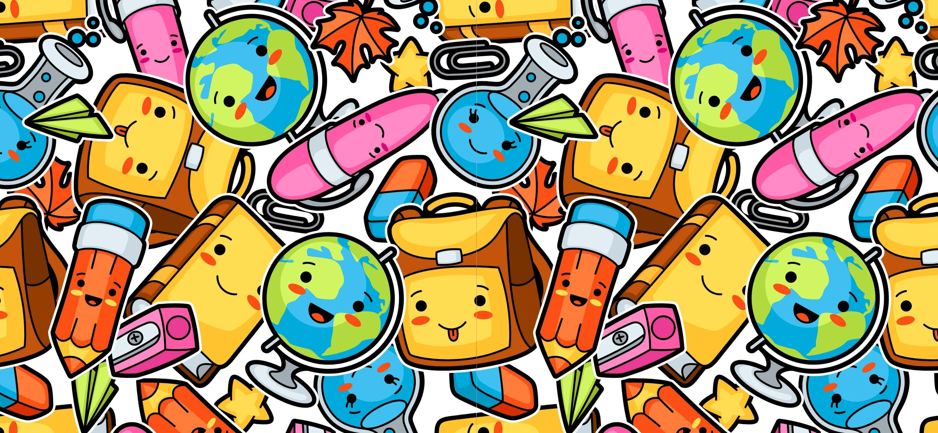 3120x1440, autumn leaves, smiling school supplies, 2K Desktop Wallpaper