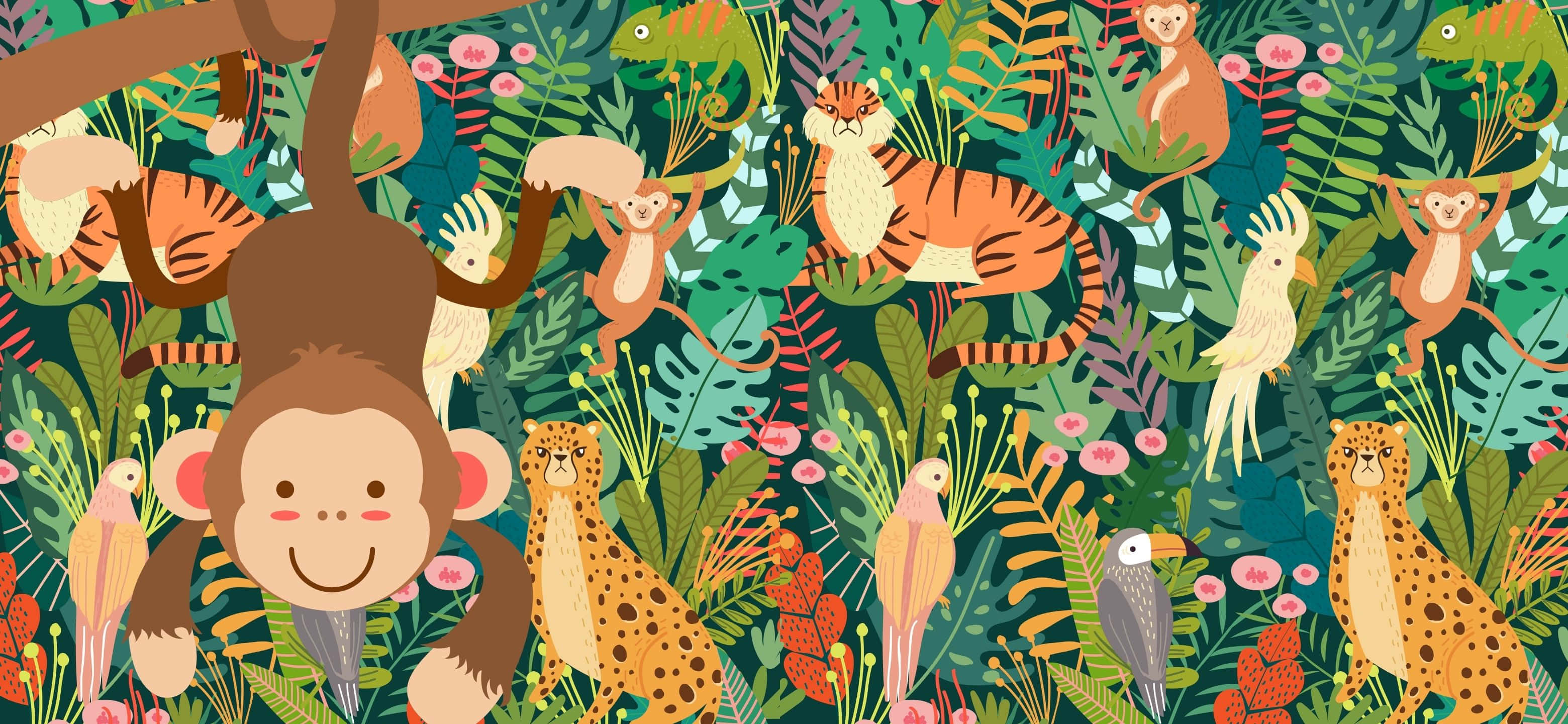 3120x1440, cartoon jungle, smiling monkeys, 2K Desktop Wallpaper