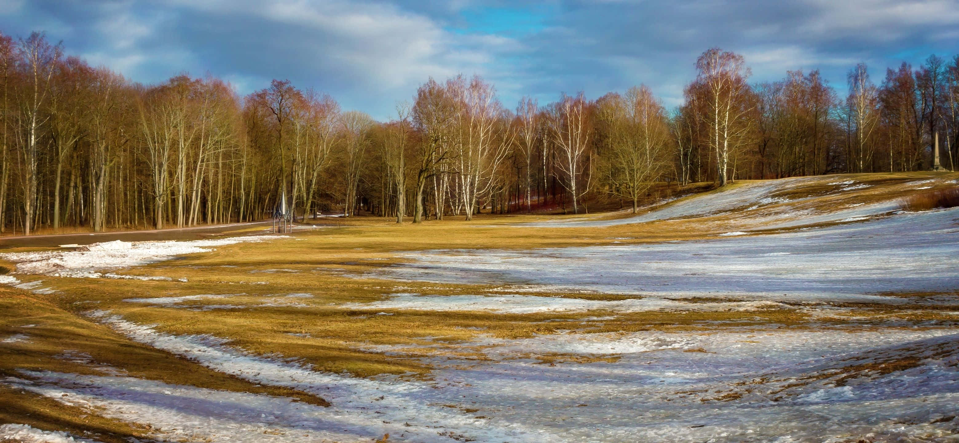 3120x1440, snowy field, brown grass, 2K Desktop Wallpaper