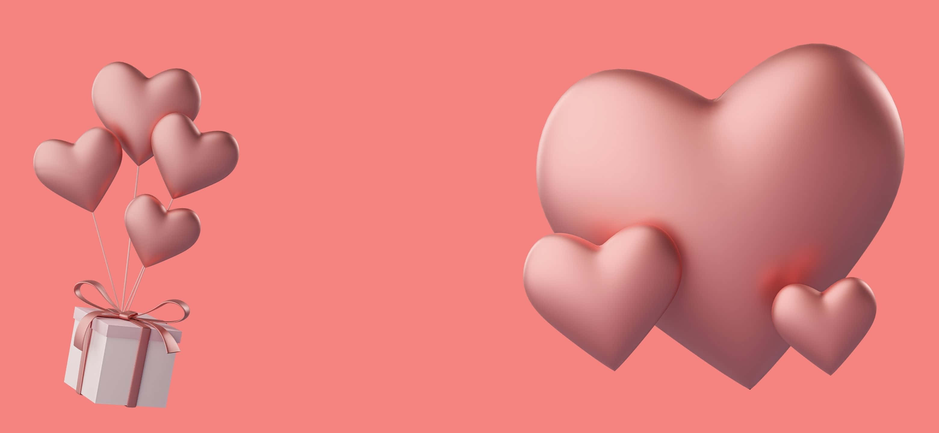 3120x1440, white gift box, pink heart-shaped balloons, 2K Desktop Wallpaper