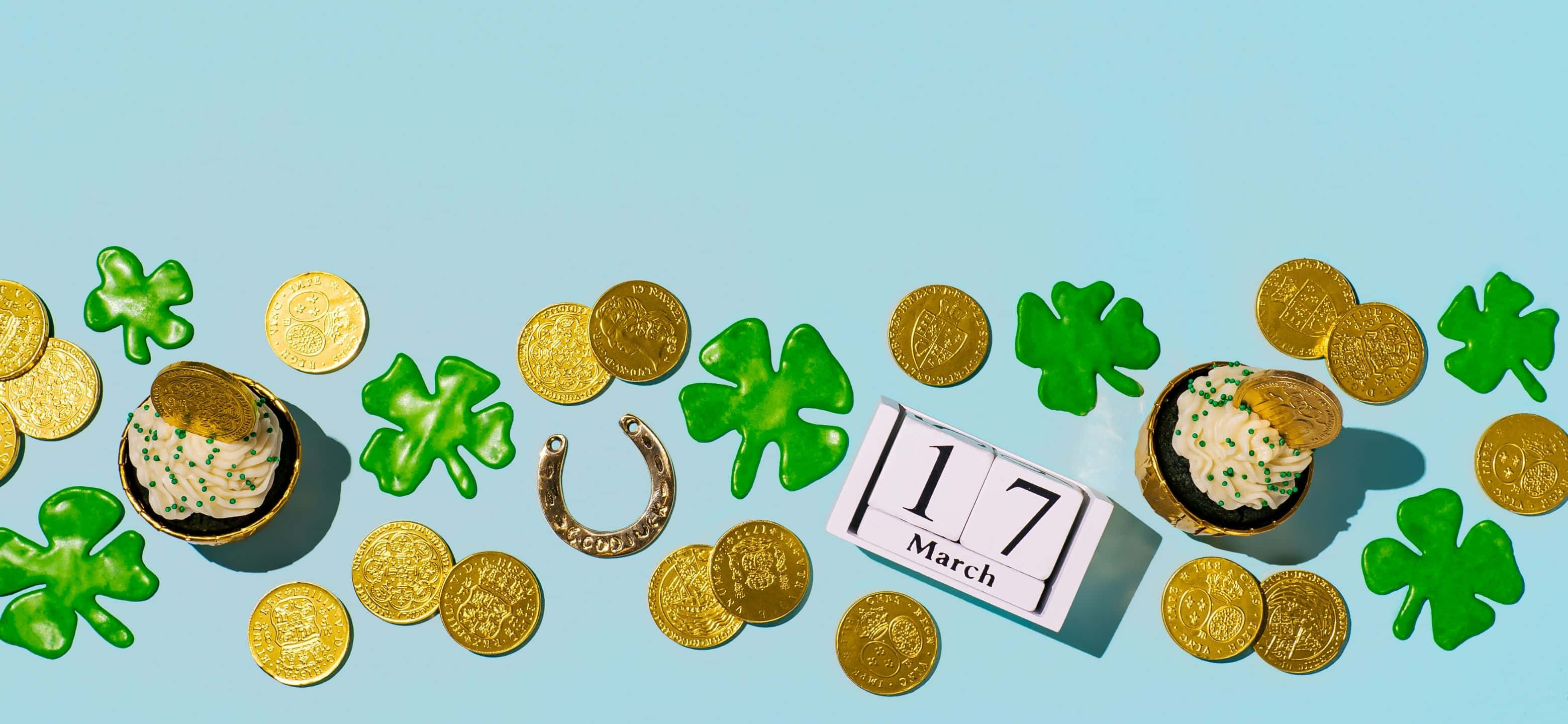 3120x1440, golden coins, green shamrocks, 2K Desktop Wallpaper