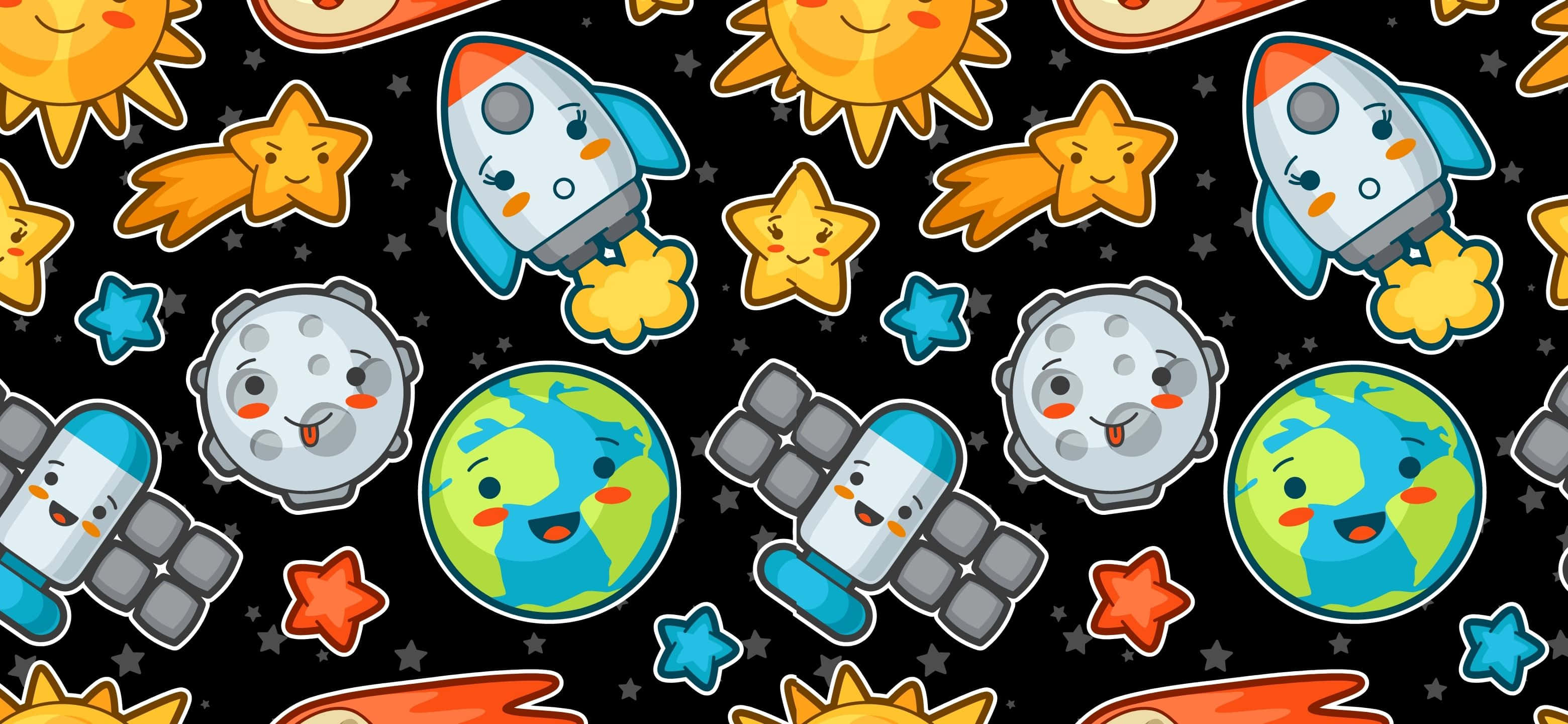 3120x1440, rainbow colors, cartoon space pattern, 2K Desktop Wallpaper
