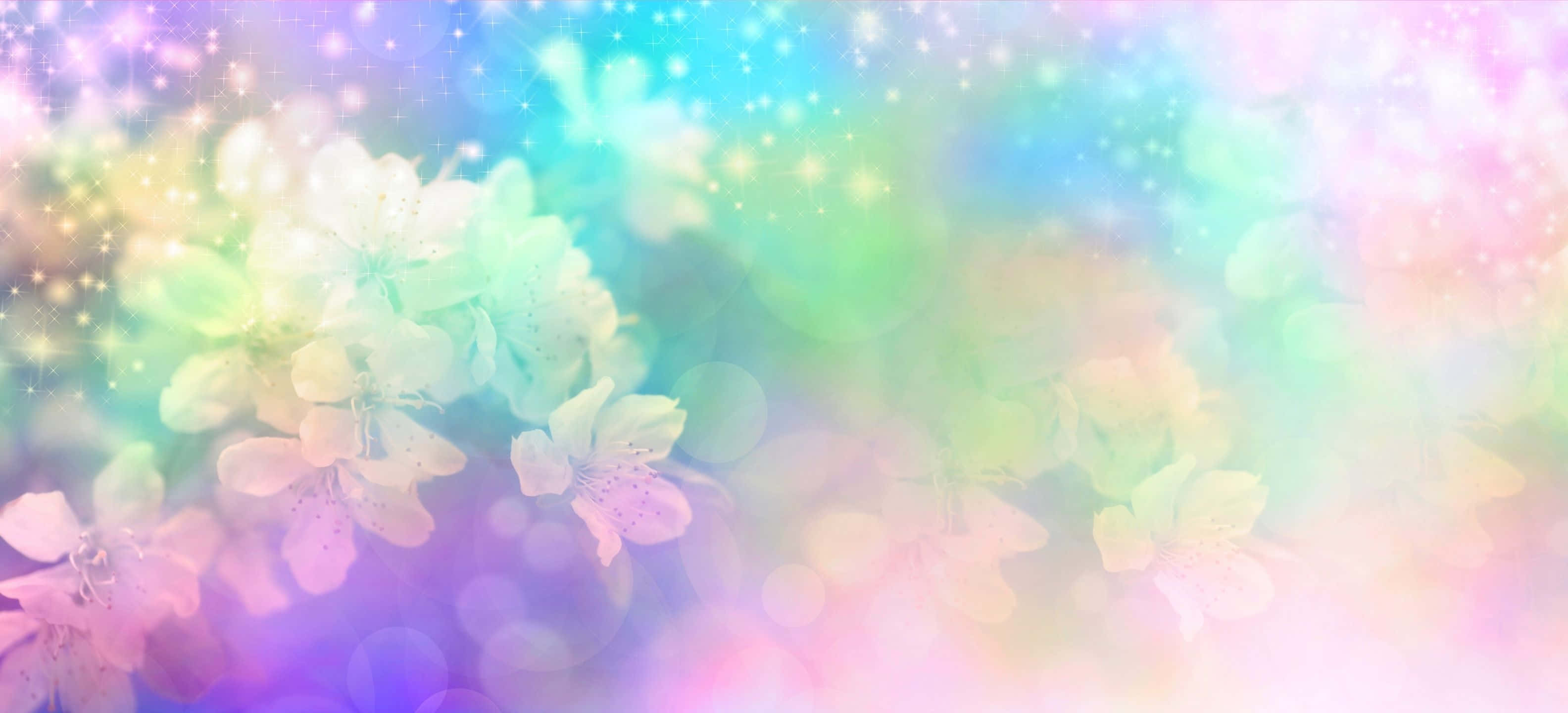 3168x1440, pastel cherry blossoms, rainbow bokeh, 2K Desktop Wallpaper