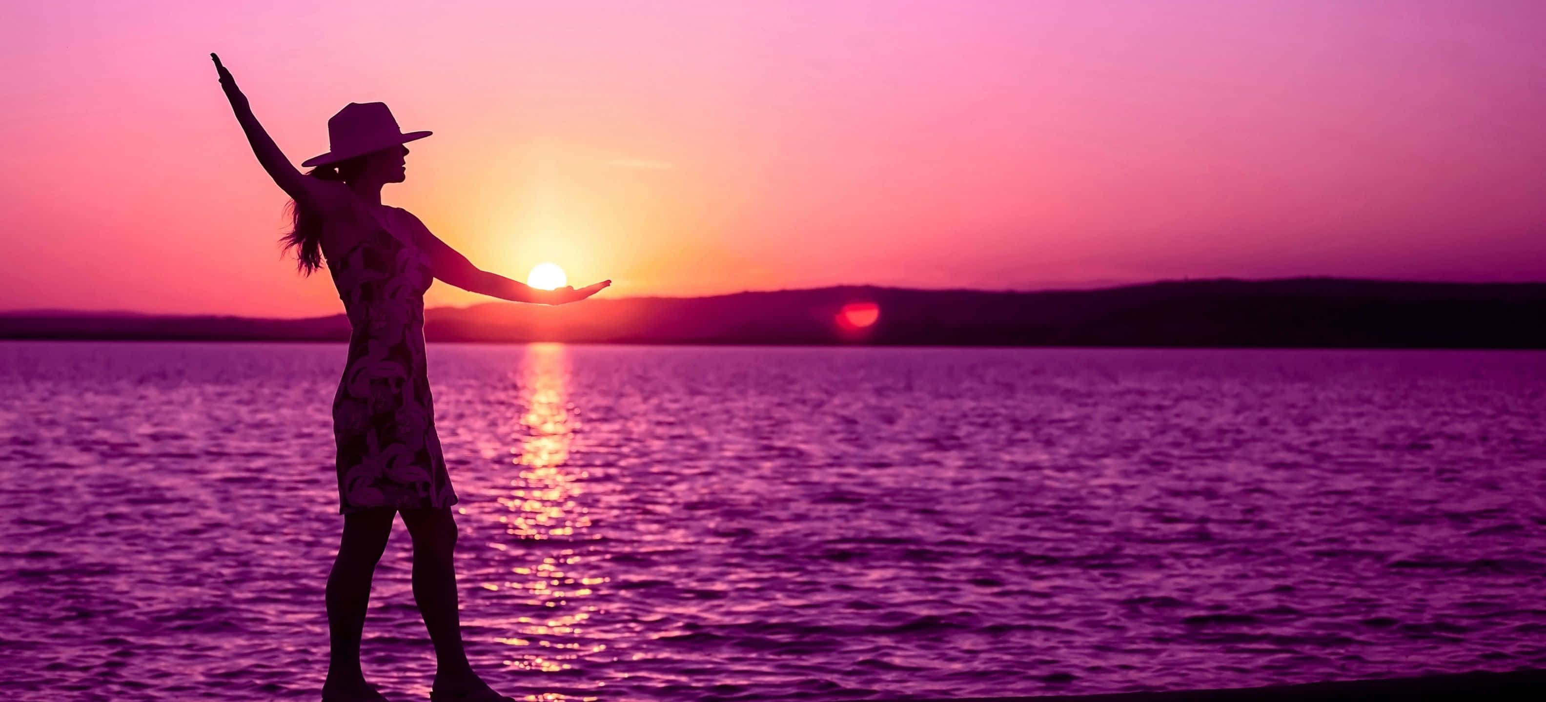 3168x1440, woman, dock, 2K Desktop Wallpaper