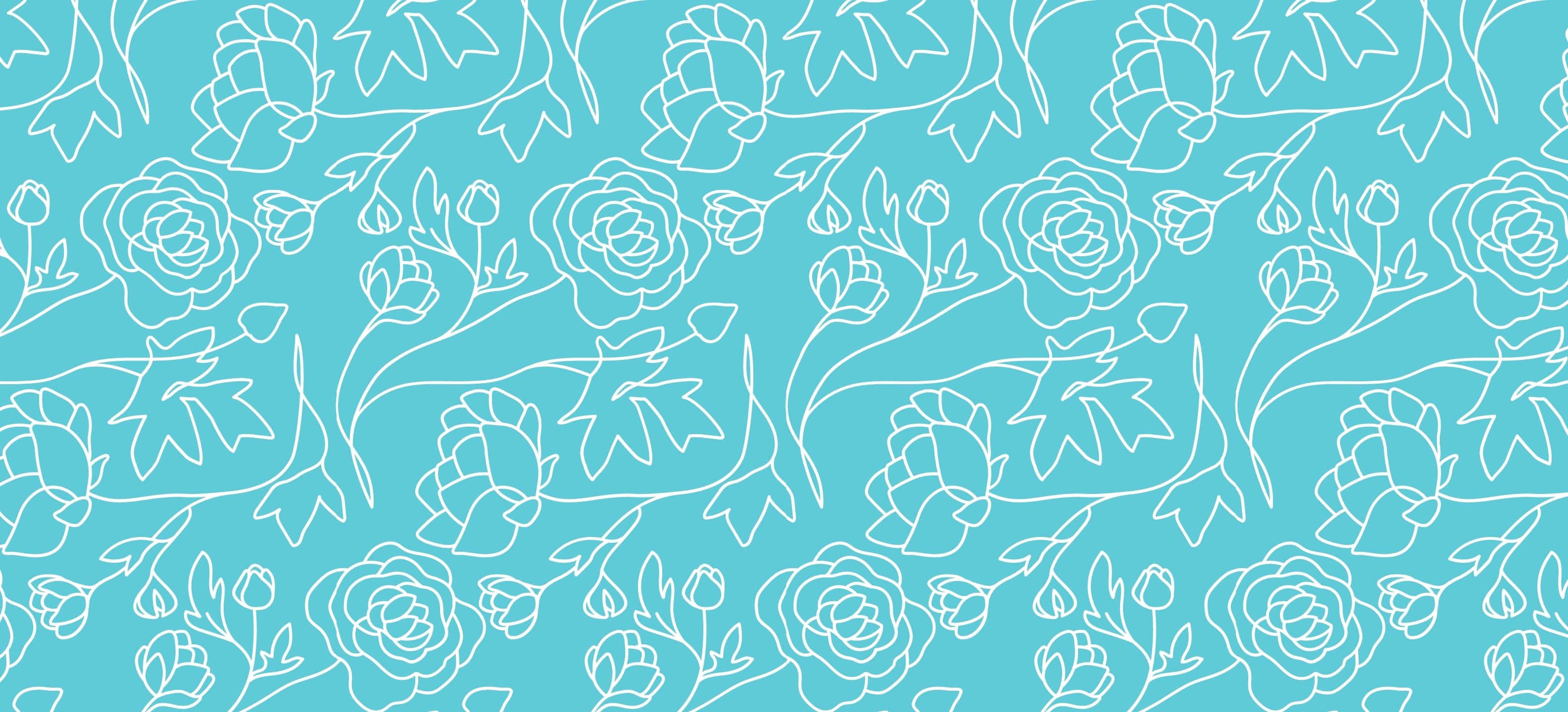 3168x1440, turquoise background, white line-drawn flowers, 2K Desktop Wallpaper