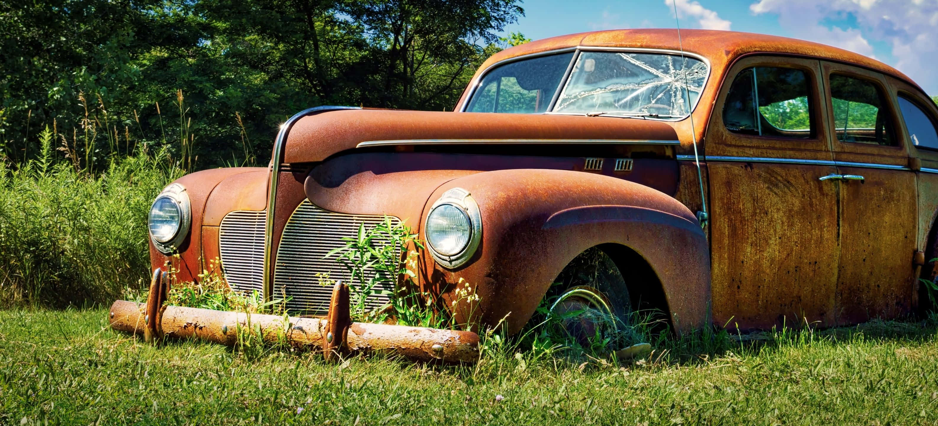 3168x1440, rusted vintage car, abandoned, 2K Desktop Wallpaper