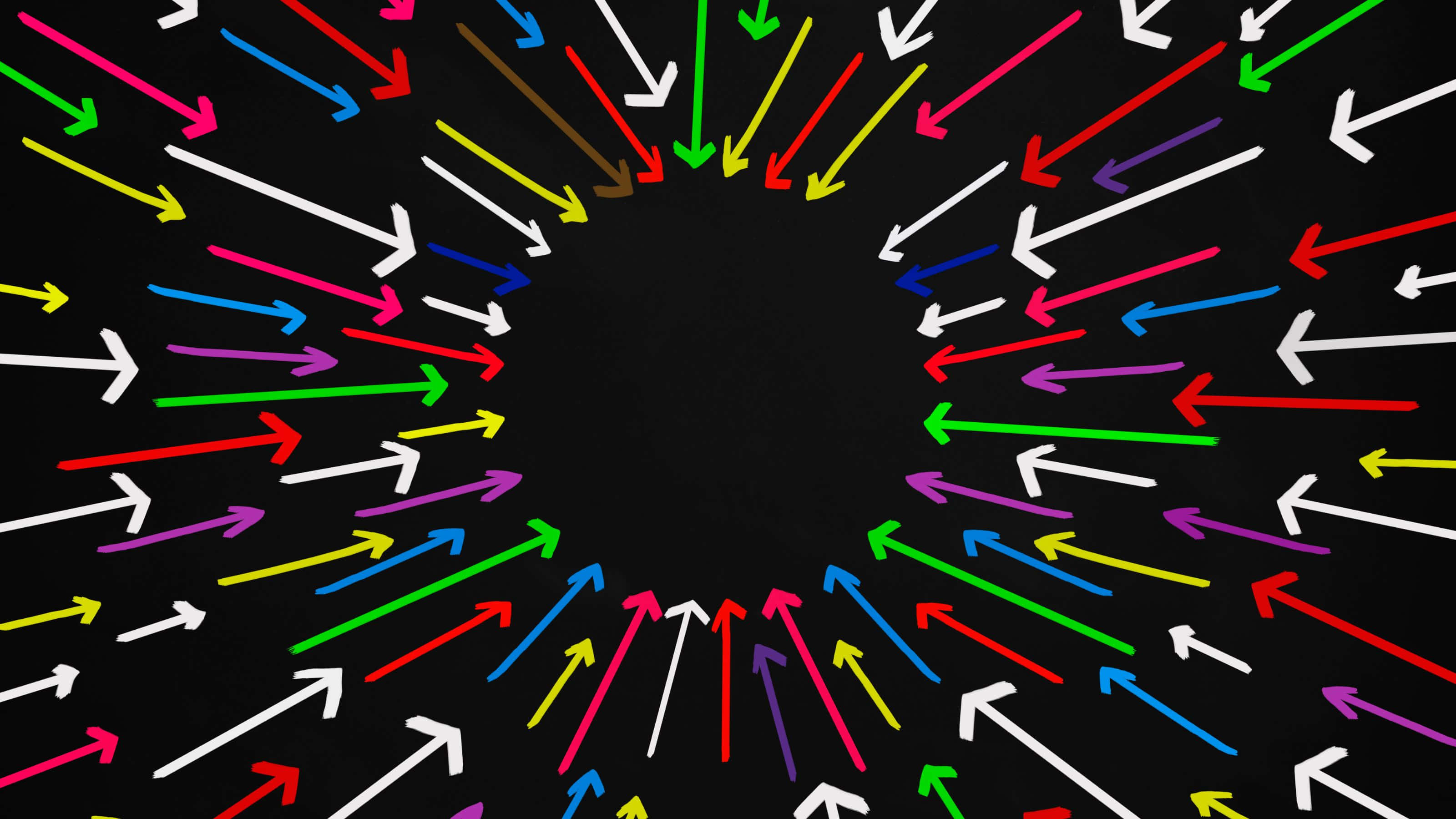 3200x1800, multicolored arrows, central black void, 2K Desktop Wallpaper