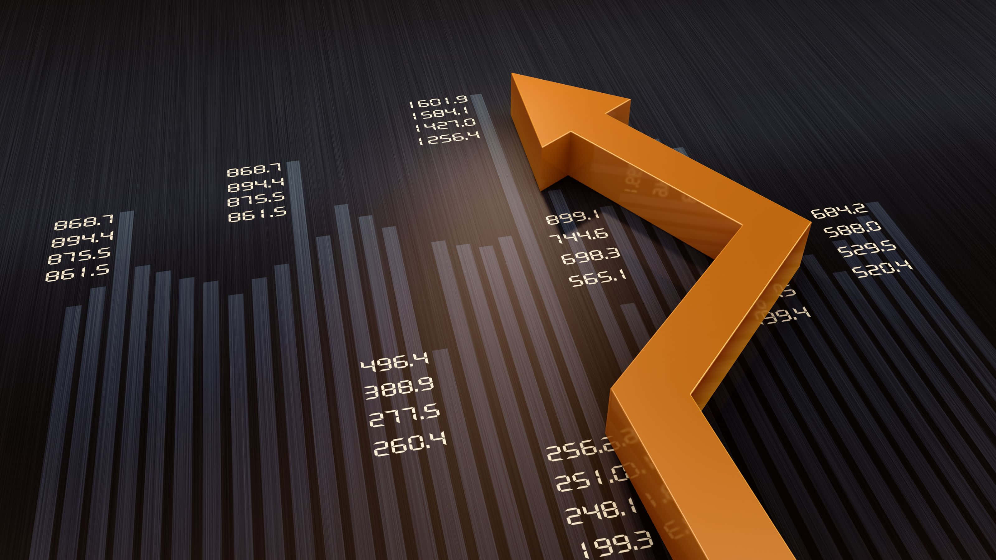 3200x1800, orange 3d arrow, dark bar chart, 2K Desktop Wallpaper