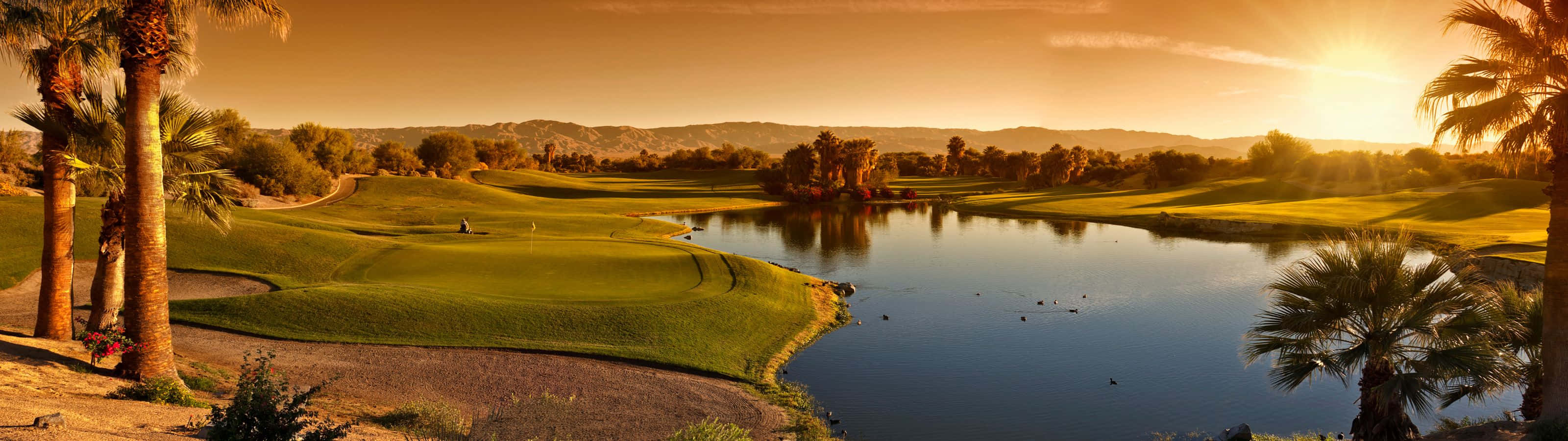 Golden sunset, serene golf course, lush green fairways, 2K Desktop Wallpaper