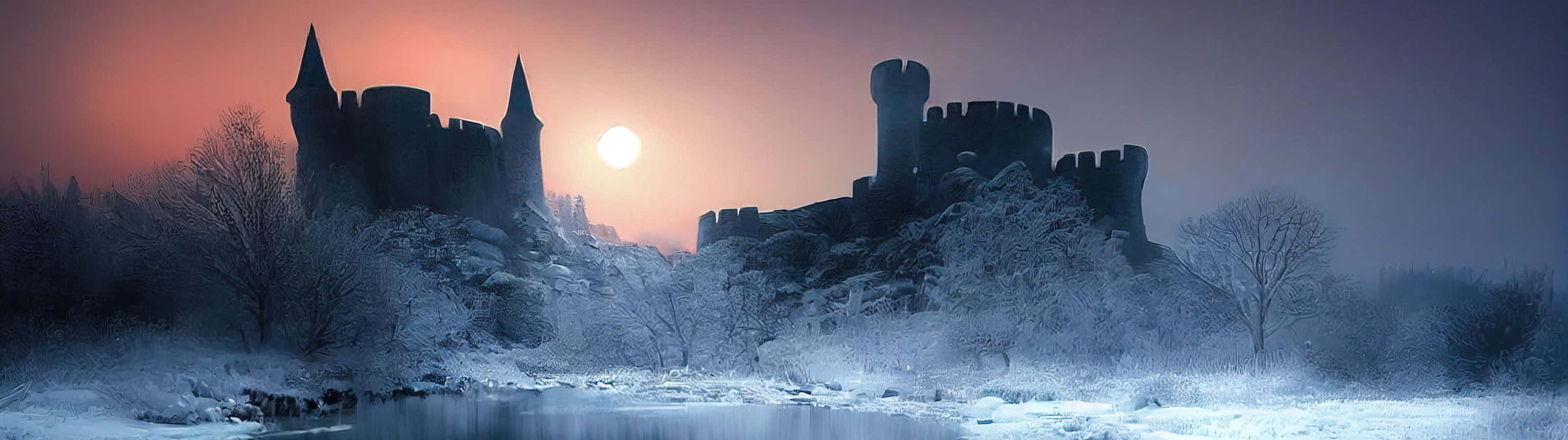 snow-covered castle, glowing sunset sky, frozen river, 2K Desktop Wallpaper