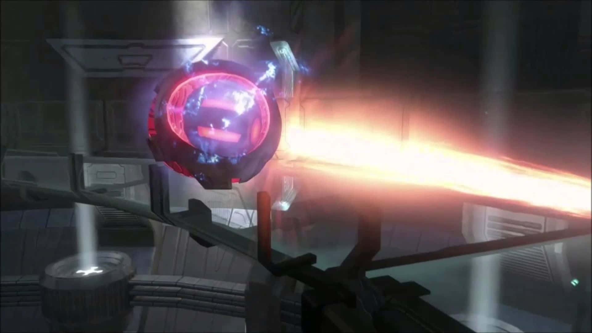 343 Guilty Spark, glowing red and blue energy sphere, bright orange beam, Full HD Desktop Wallpaper