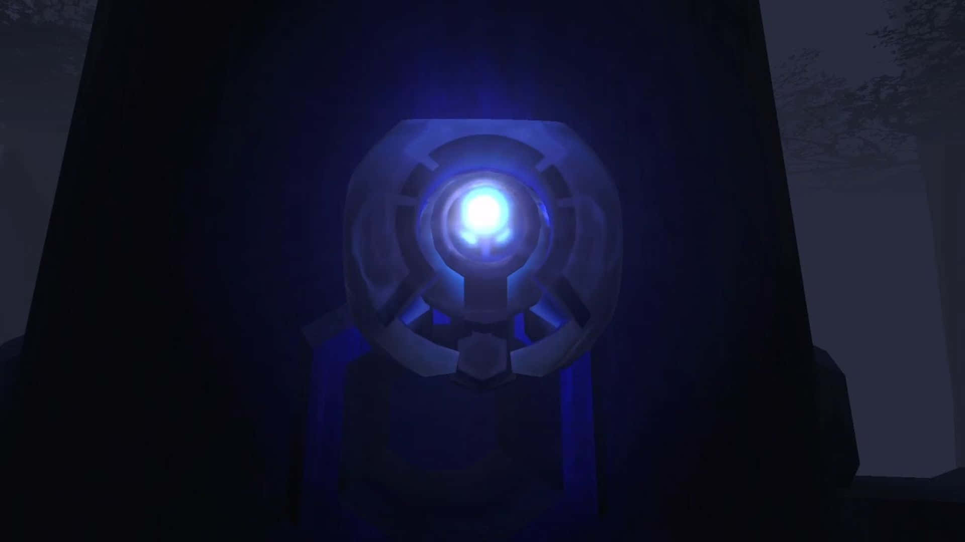 343 Guilty Spark, glowing blue circular portal device, dark stone wall, Full HD Desktop Wallpaper