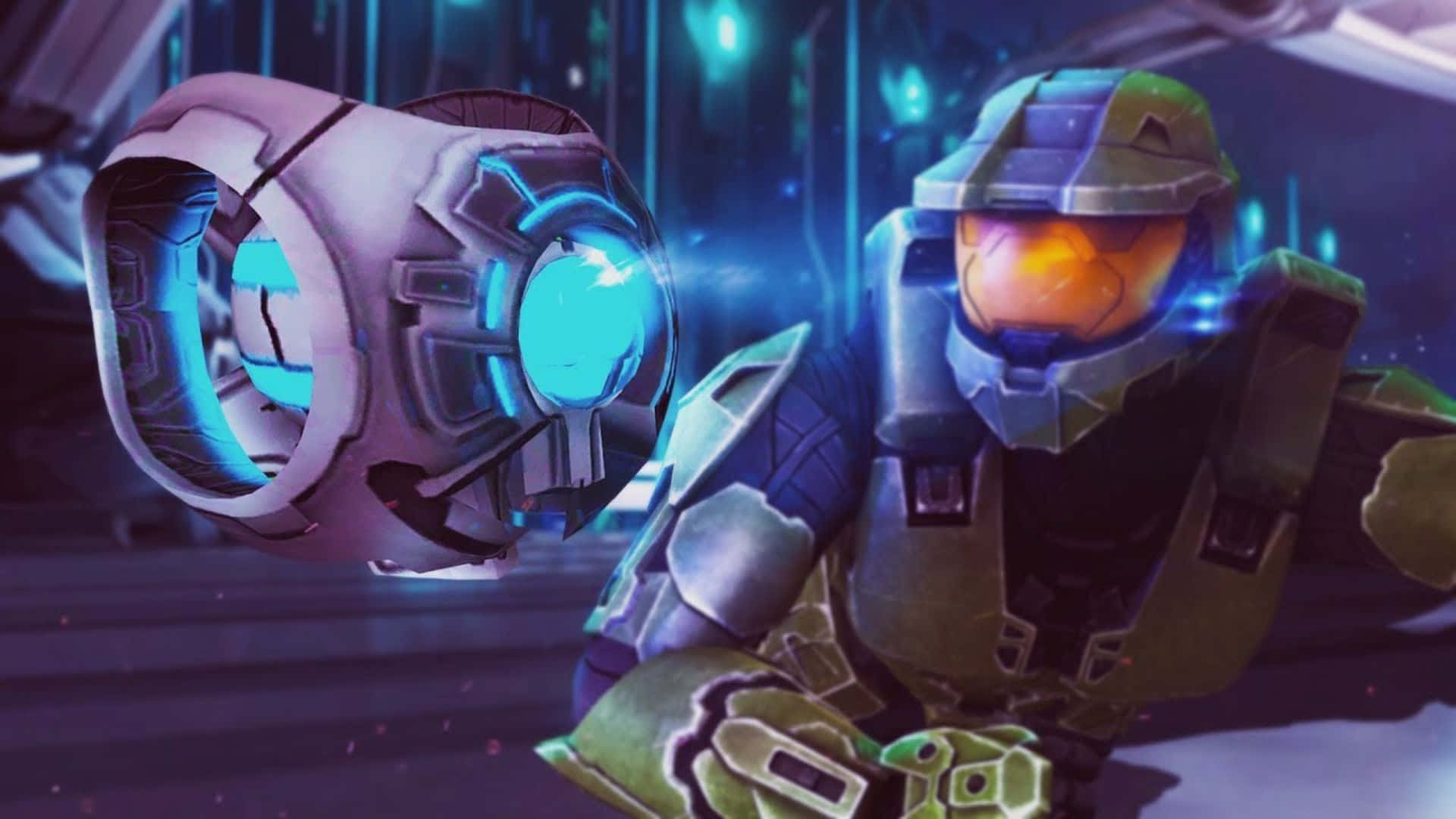 343 Guilty Spark, green armor, glowing blue energy weapon, Full HD Desktop Wallpaper