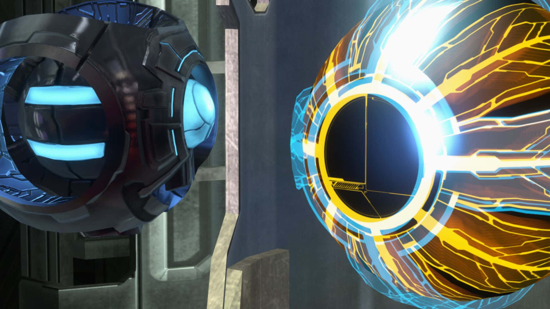 343 Guilty Spark, blue glowing orb, gold glowing orb, Full HD Desktop Wallpaper