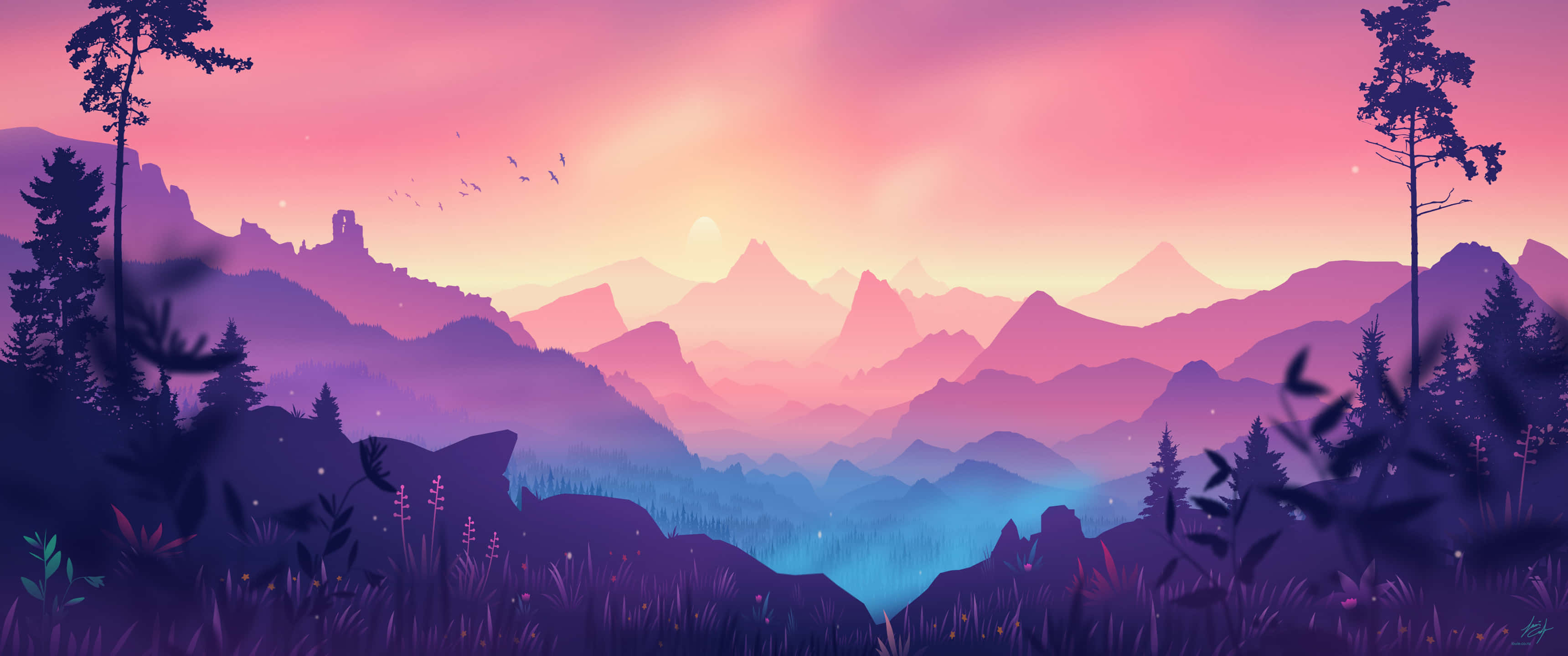 3440 x 1440 4k, pink and purple twilight, mountain valley, 2K Desktop Wallpaper