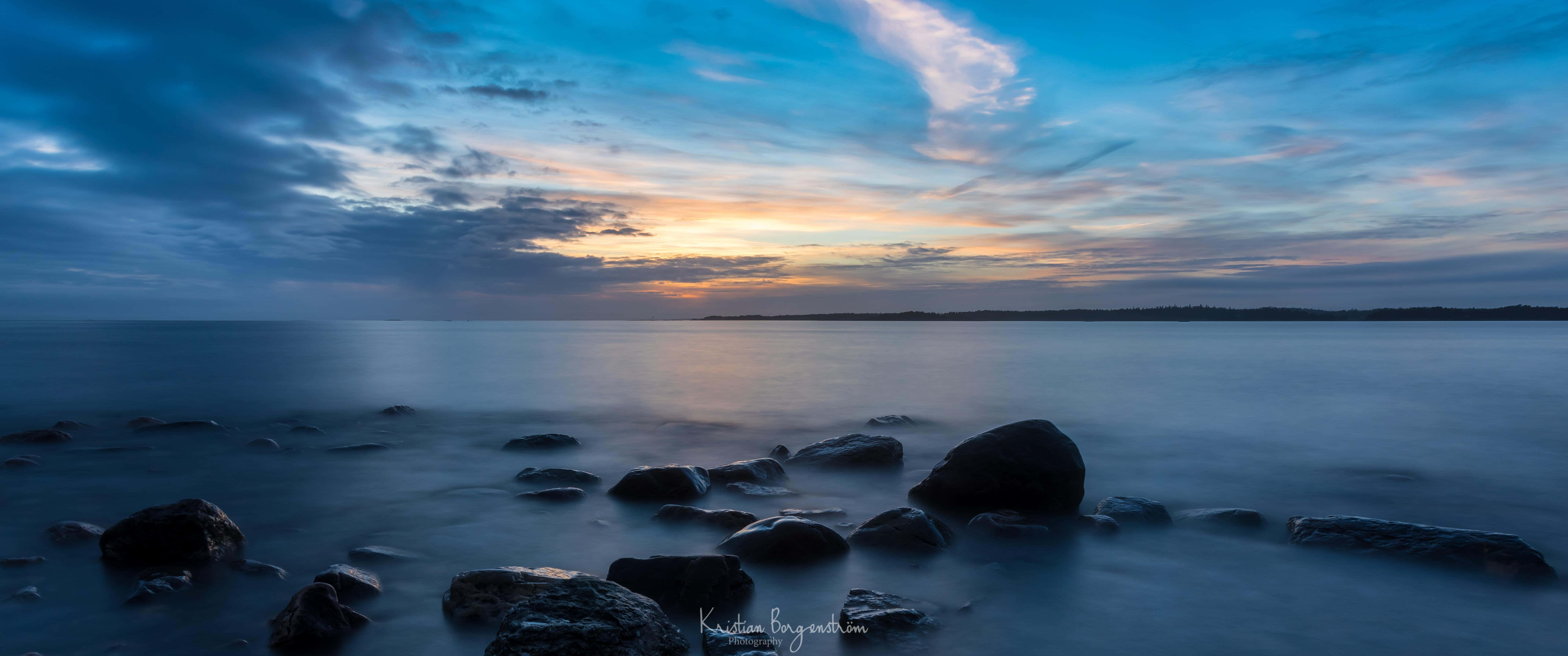 3440 x 1440 4K, twilight seascape, smooth water, 5K Desktop Wallpaper