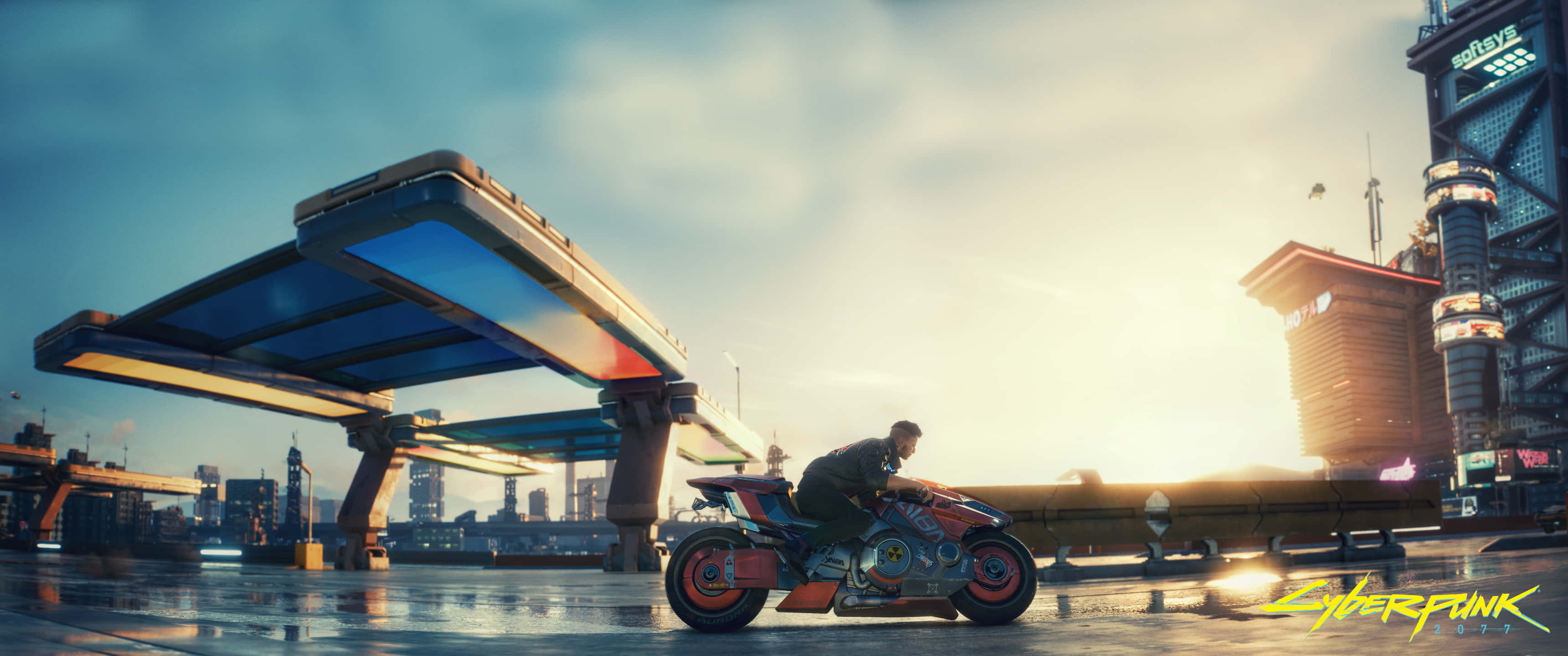 red motorcycle, futuristic neon-drenched cityscape, sunset, 2K Desktop Wallpaper