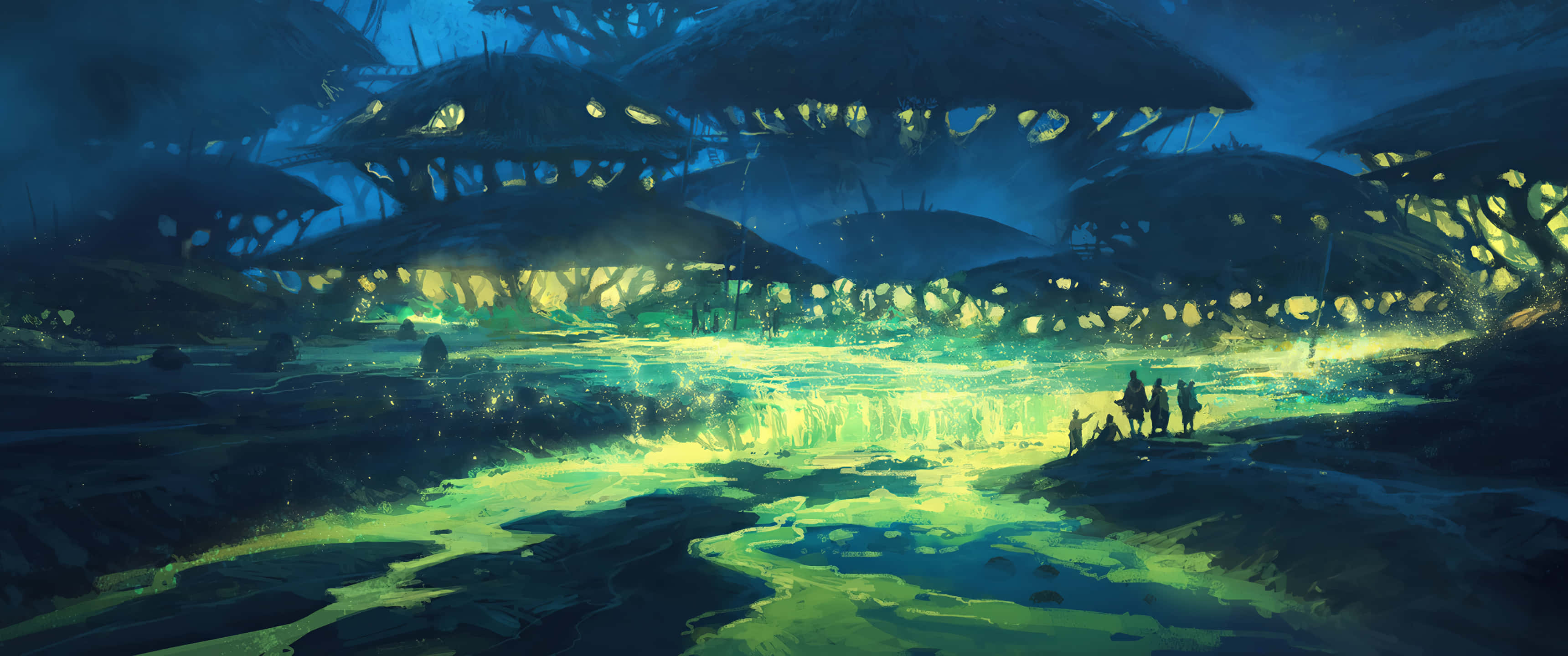 3440 x 1440 4k, glowing green alien landscape, massive mushroom-like structures, 2K Desktop Wallpaper