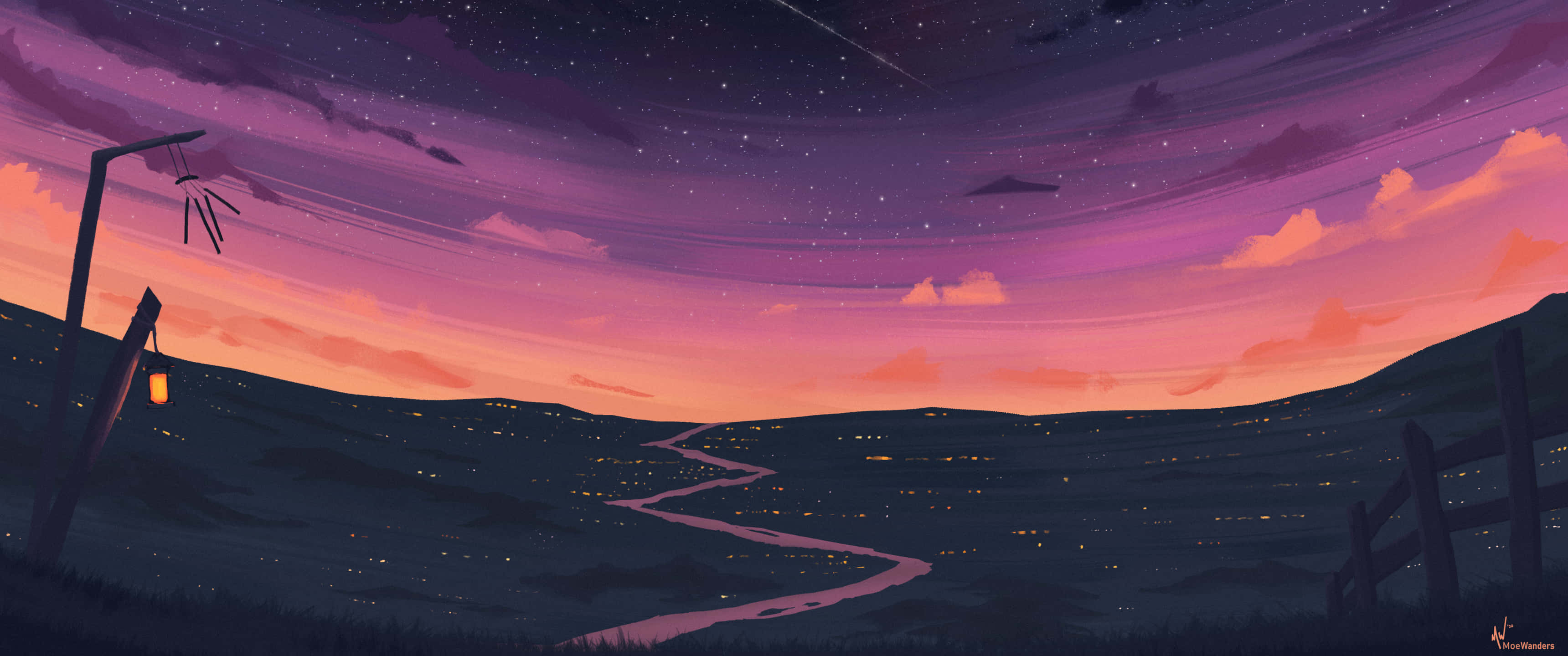 3440 x 1440 4k, starry twilight sky, winding path, 2K Desktop Wallpaper