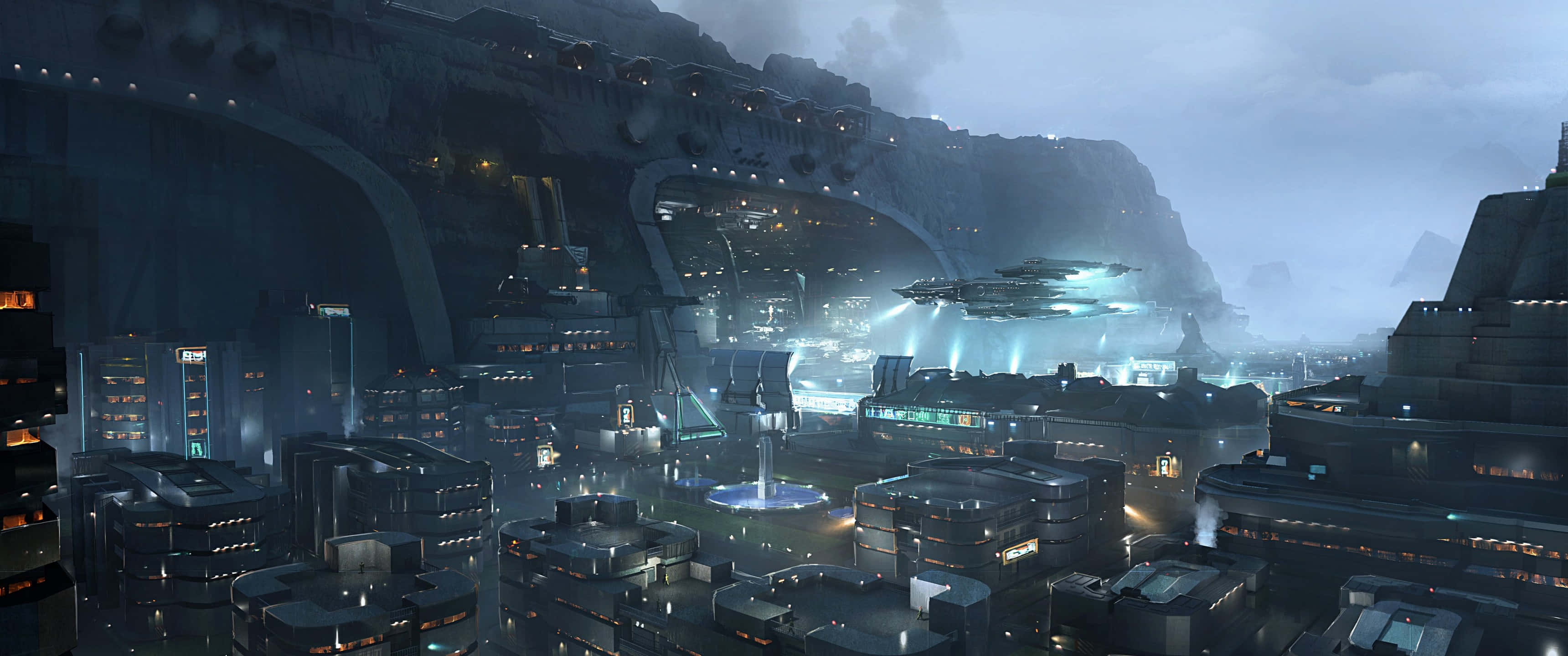 3440 x 1440 4k, futuristic city, misty canyon, 2K Desktop Wallpaper