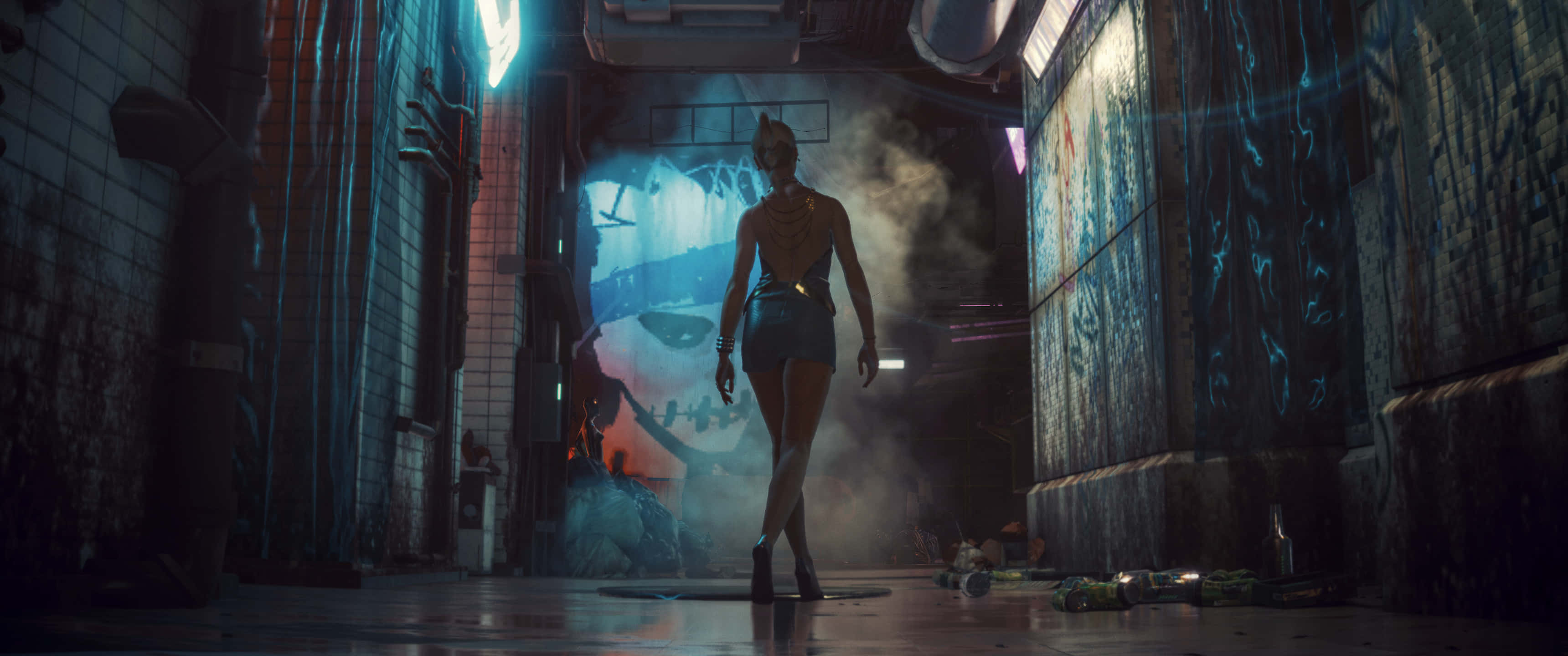 3440 x 1440 4K, neon-lit, smoke-filled cyberpunk alley, 2K Desktop Wallpaper