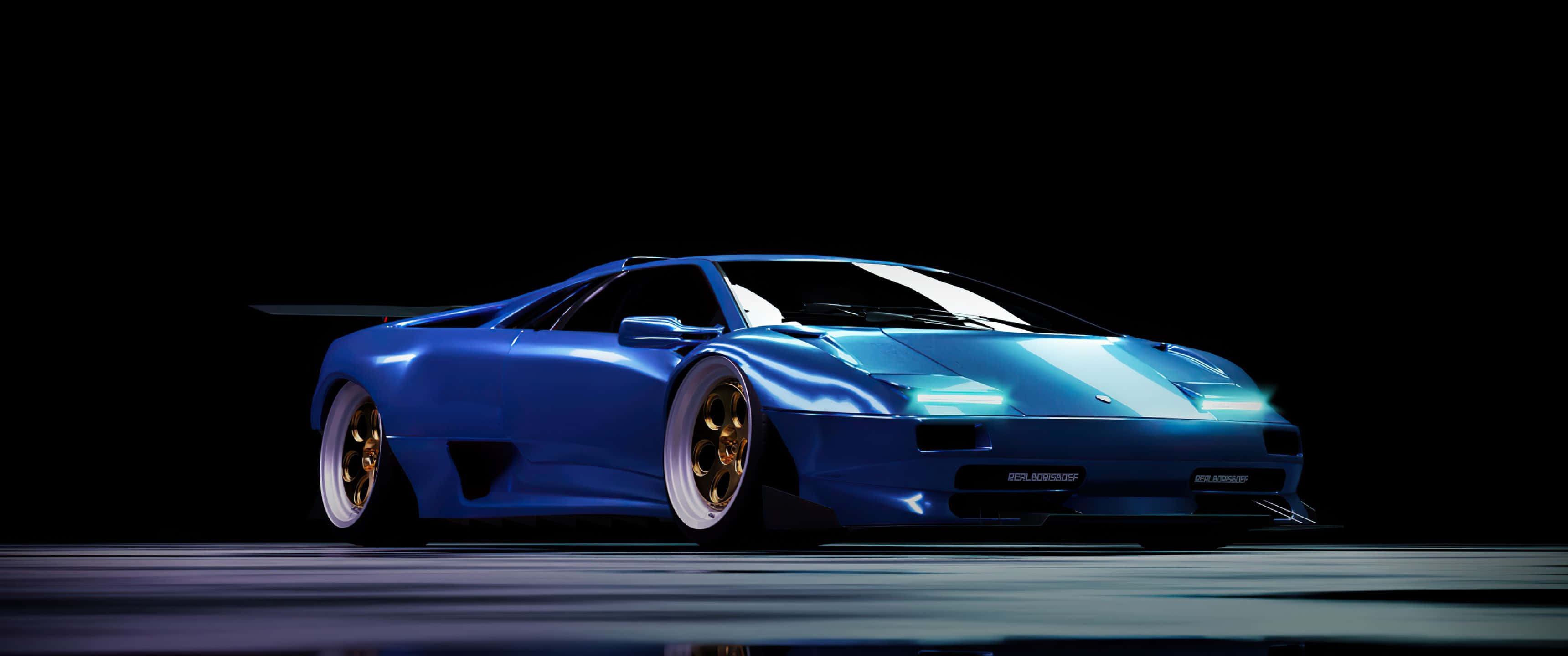 3440x1440, blue car, gold rims, 2K Desktop Wallpaper
