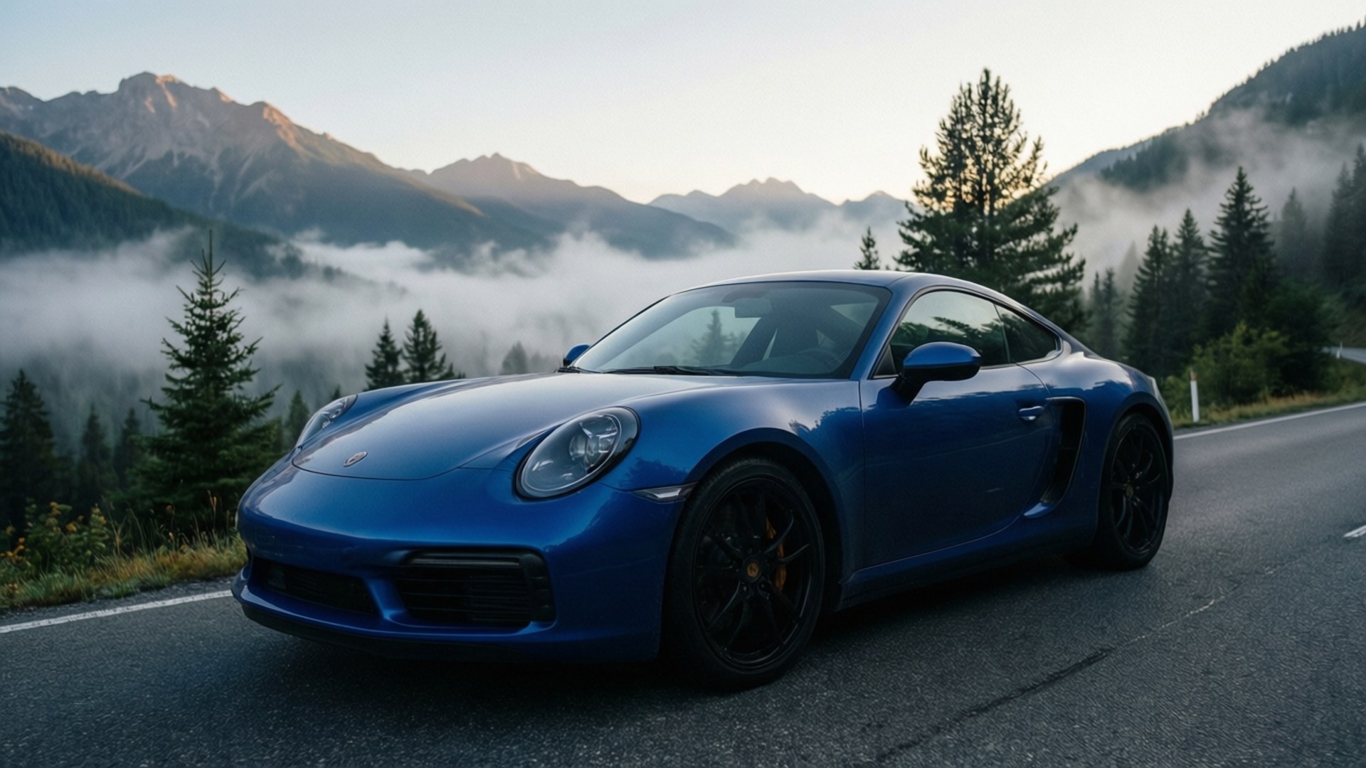 Misty Mountain Morning, blue sports car, foggy mountain road, Full HD Desktop Wallpaper