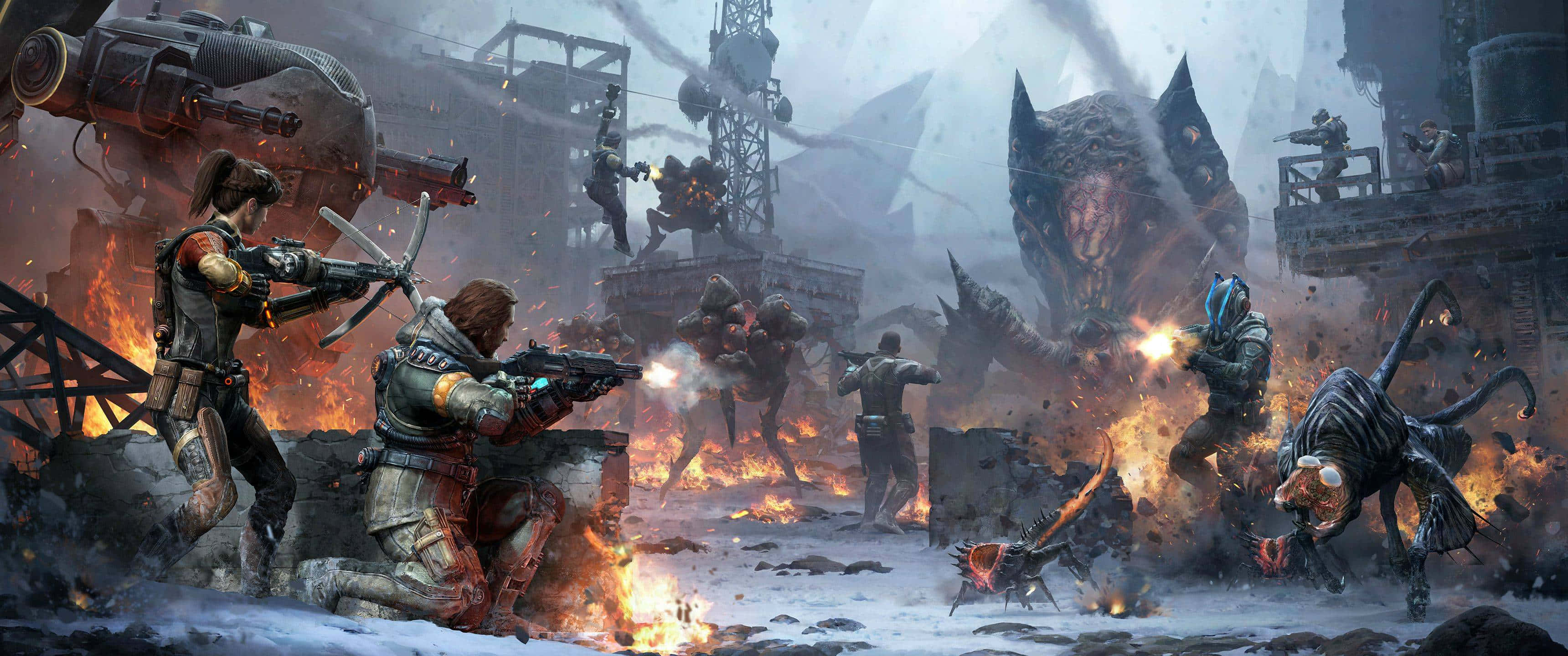 3440x1440 HD, soldiers, monstrous creatures, 2K Desktop Wallpaper