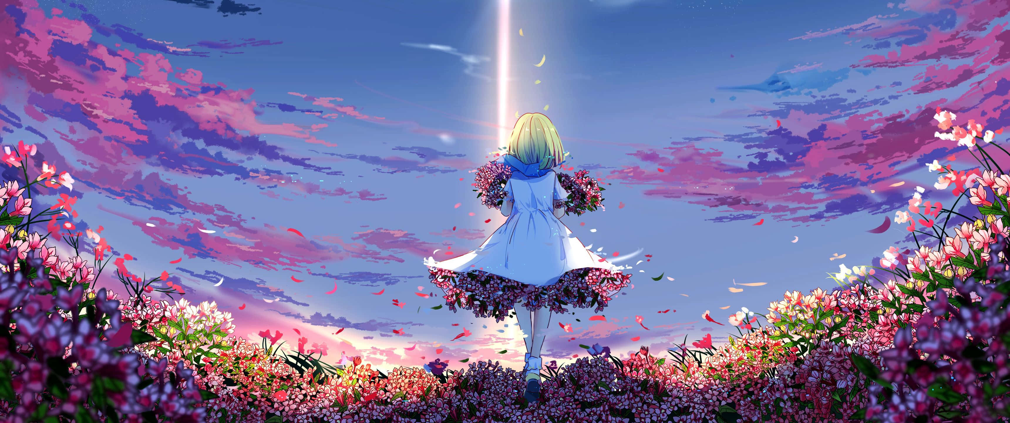 3440x1440 HD, blonde anime girl, white dress, 2K Desktop Wallpaper