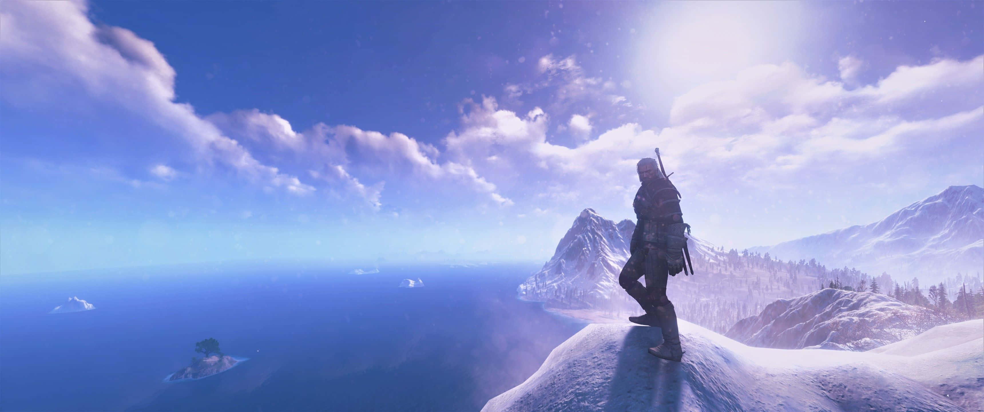 snowy mountain peak, vast blue ocean, bright sun, 2K Desktop Wallpaper