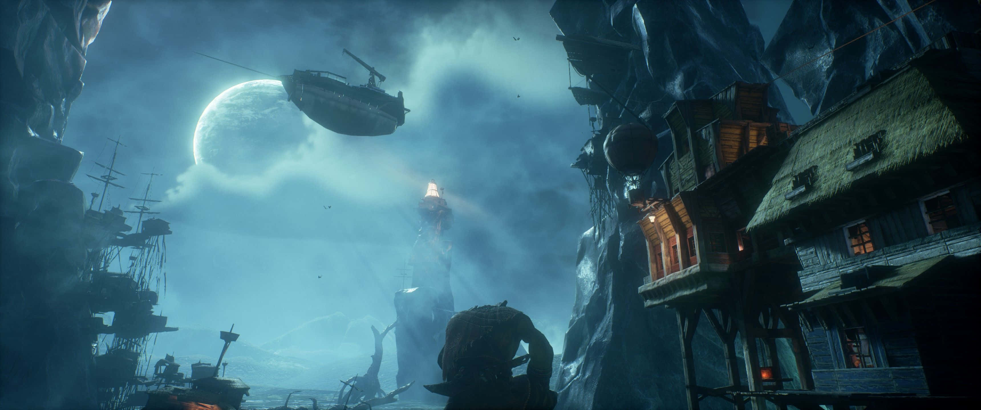 3440x1440 HD, moonlit alien village, floating ships, 2K Desktop Wallpaper