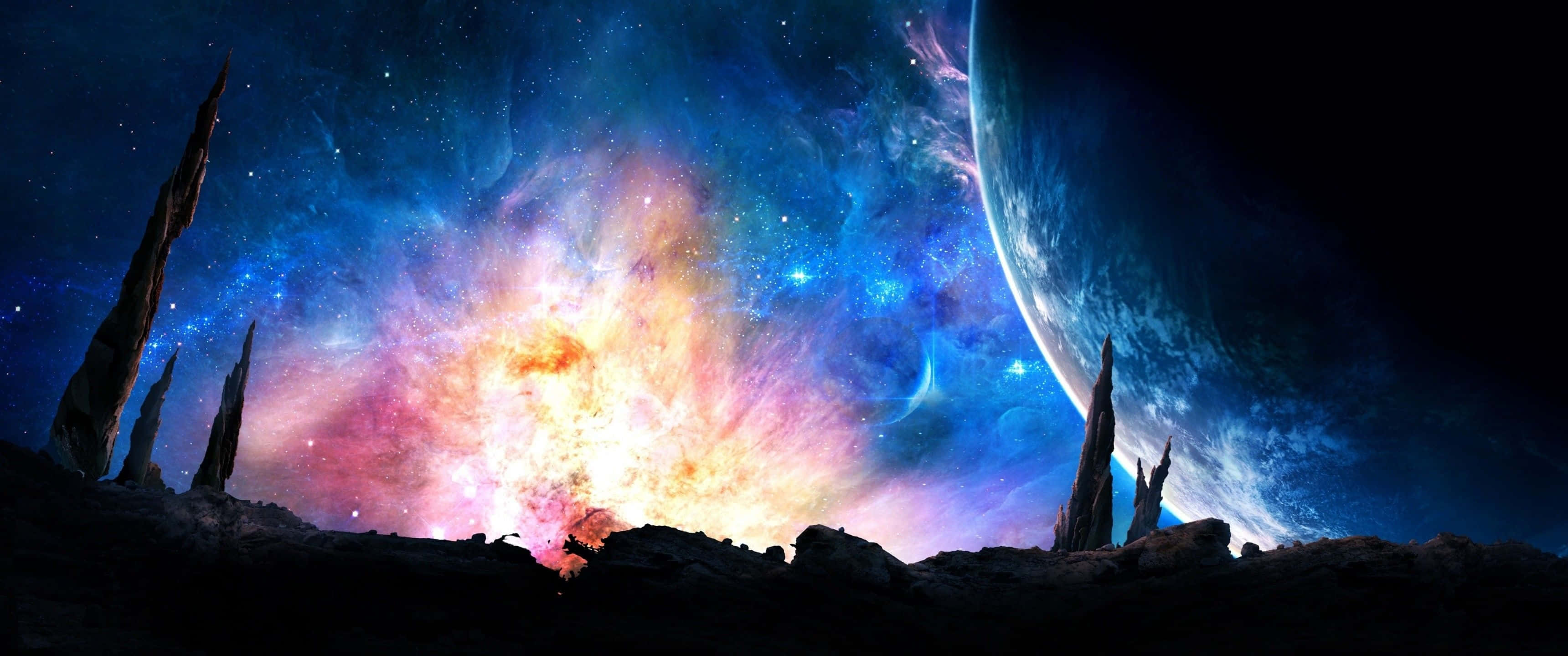 3440x1440 HD, cosmic vista, jagged rock spires, 2K Desktop Wallpaper