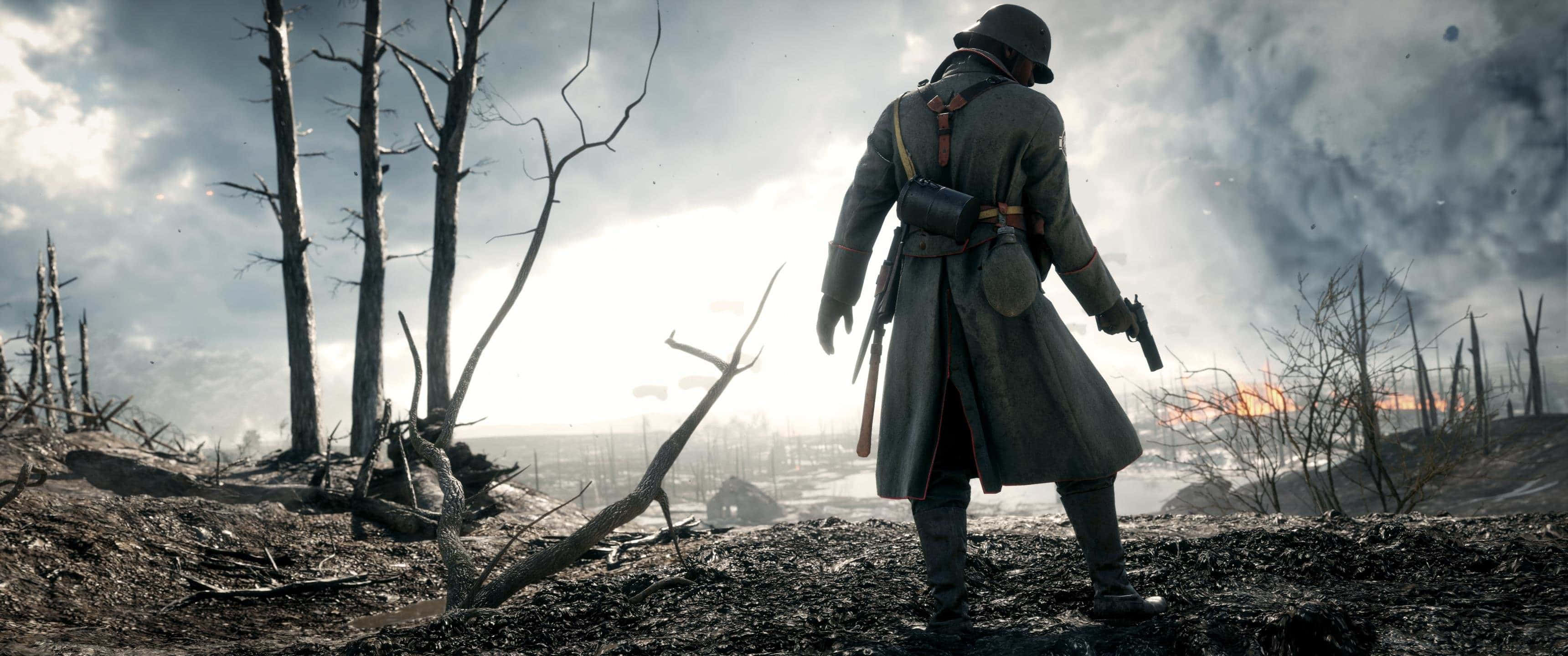 3440x1440 HD, trench coat, desolate battlefield, 2K Desktop Wallpaper